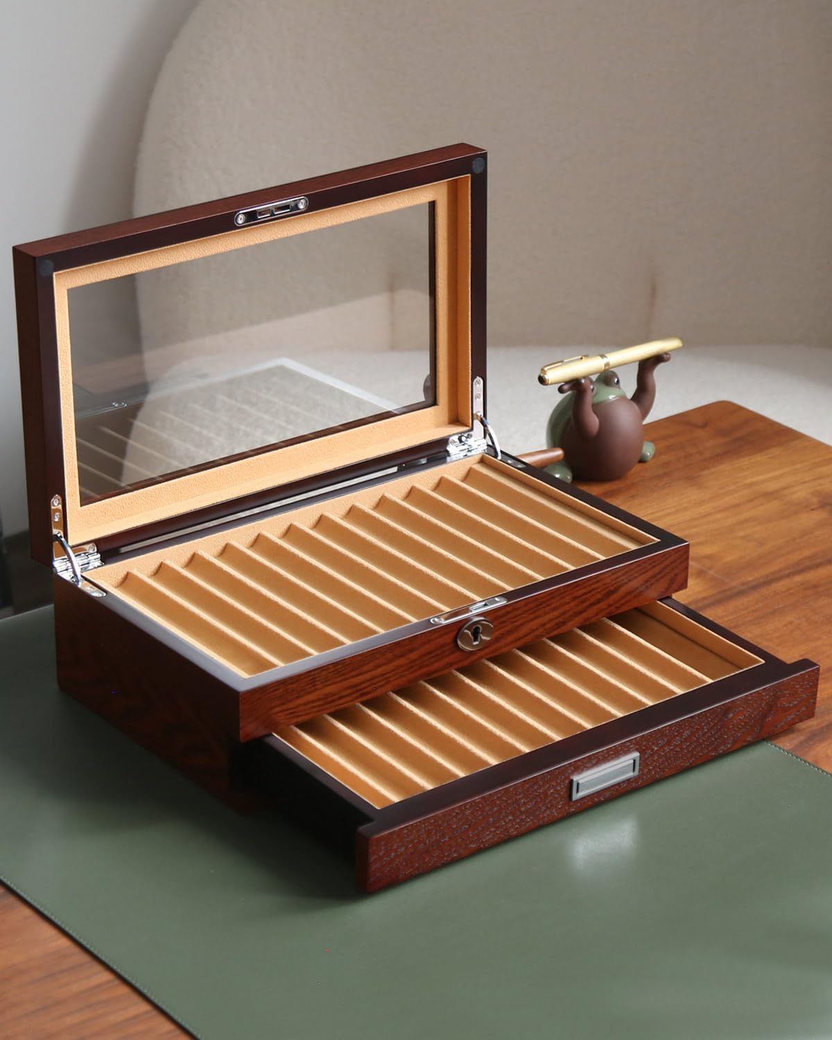 Pen Display With 24 Slots, Wood Storage Organizer, Glass Window Box for Men Gift (Brown Ash Veneer Finish, Camel Velvet)