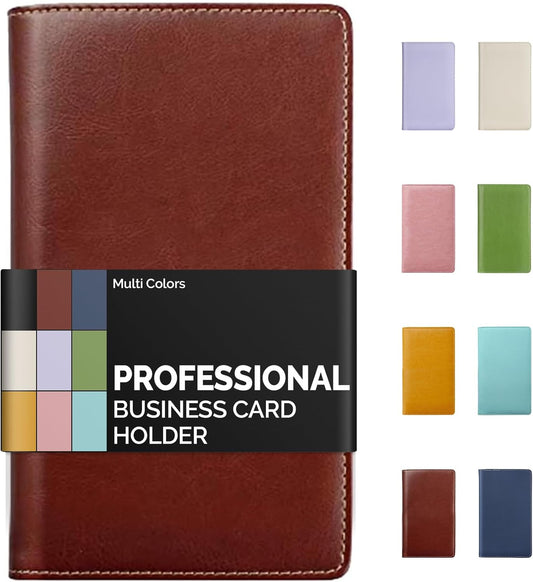 Sooez Leather Professional Business Card Book Holder Organizer, 240 Capacity Credit Card Booklet, PU Name Cards Holder Storage File for Men Women, Brown