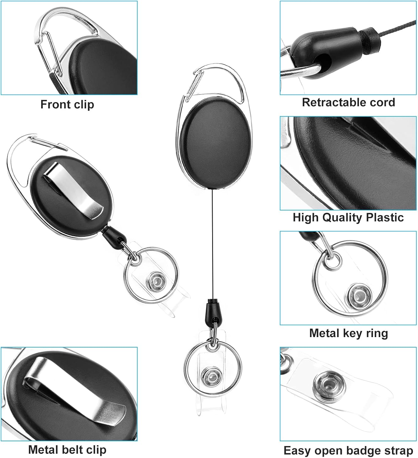 20 Pack Retractable Badge Reel with Carabiner Belt Clip and Key Ring Retractable ID Badge Holders for Office Worker Doctor Nurse
