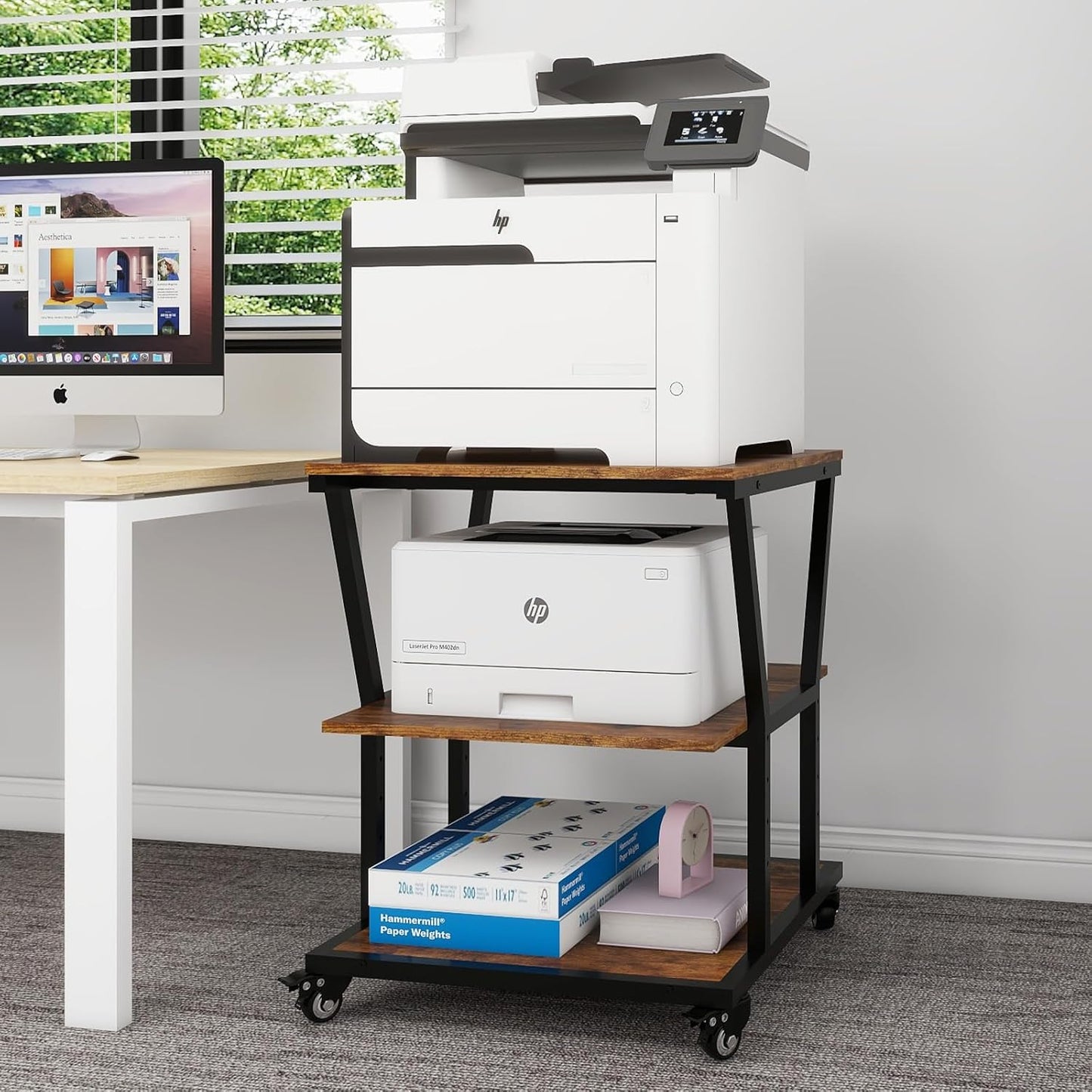 Natwind 3-Tier Large Printer Stand,23.6"x23.6"x29.5" Heavy-Duty Printer Table Cart with Paper Storage Shelf & Wheels,Ideal for Home Office Laser Printers, Copiers (Retro)
