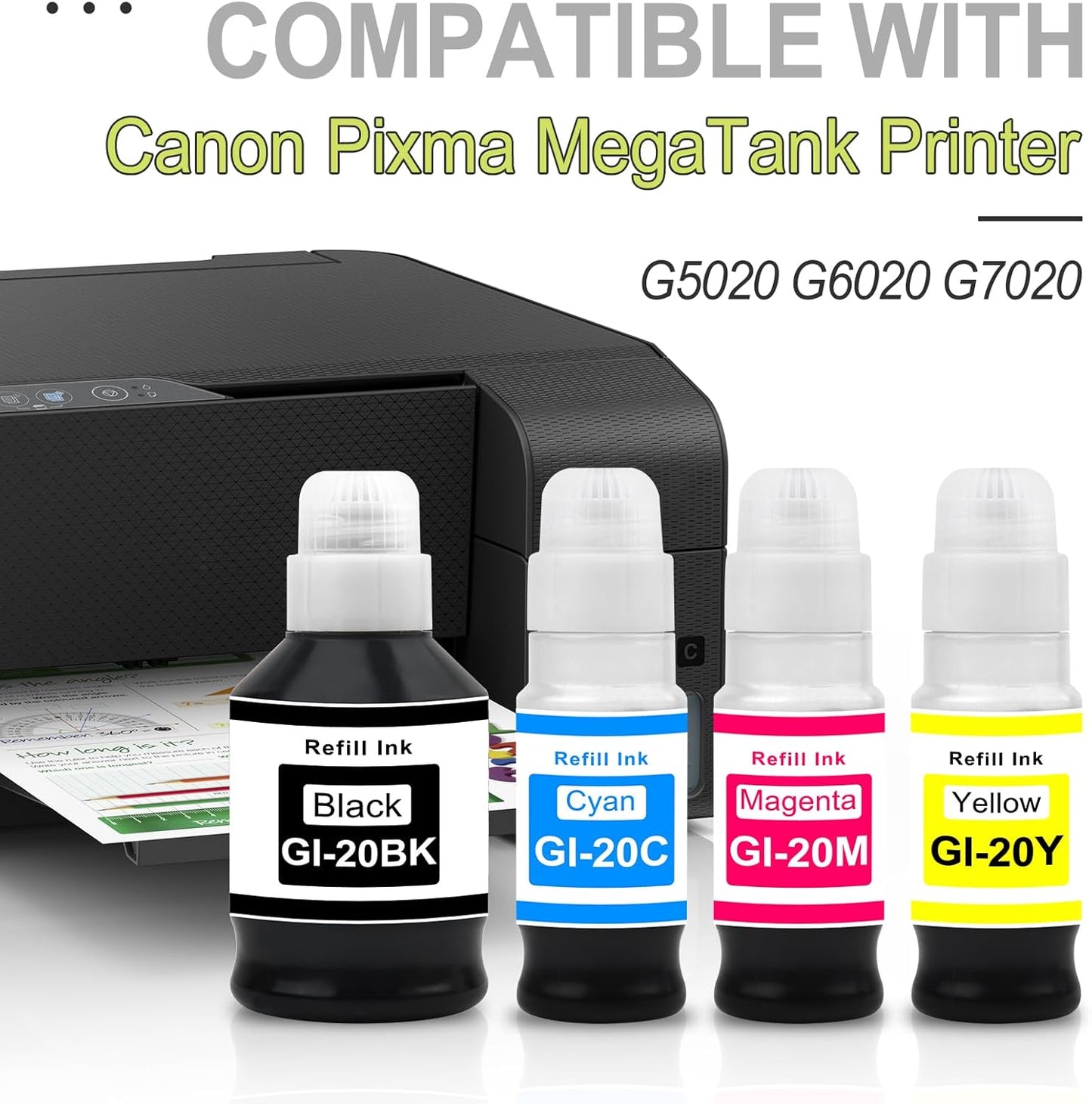 greencycle GI-20 GI20 Refill Ink Bottle Kit 4 Pack, Compatible for Canon PIXMA G6020 G7020 G5020 MegaTank Printer, 170mL Black Ink, 70mL Cyan Magenta Yellow Ink