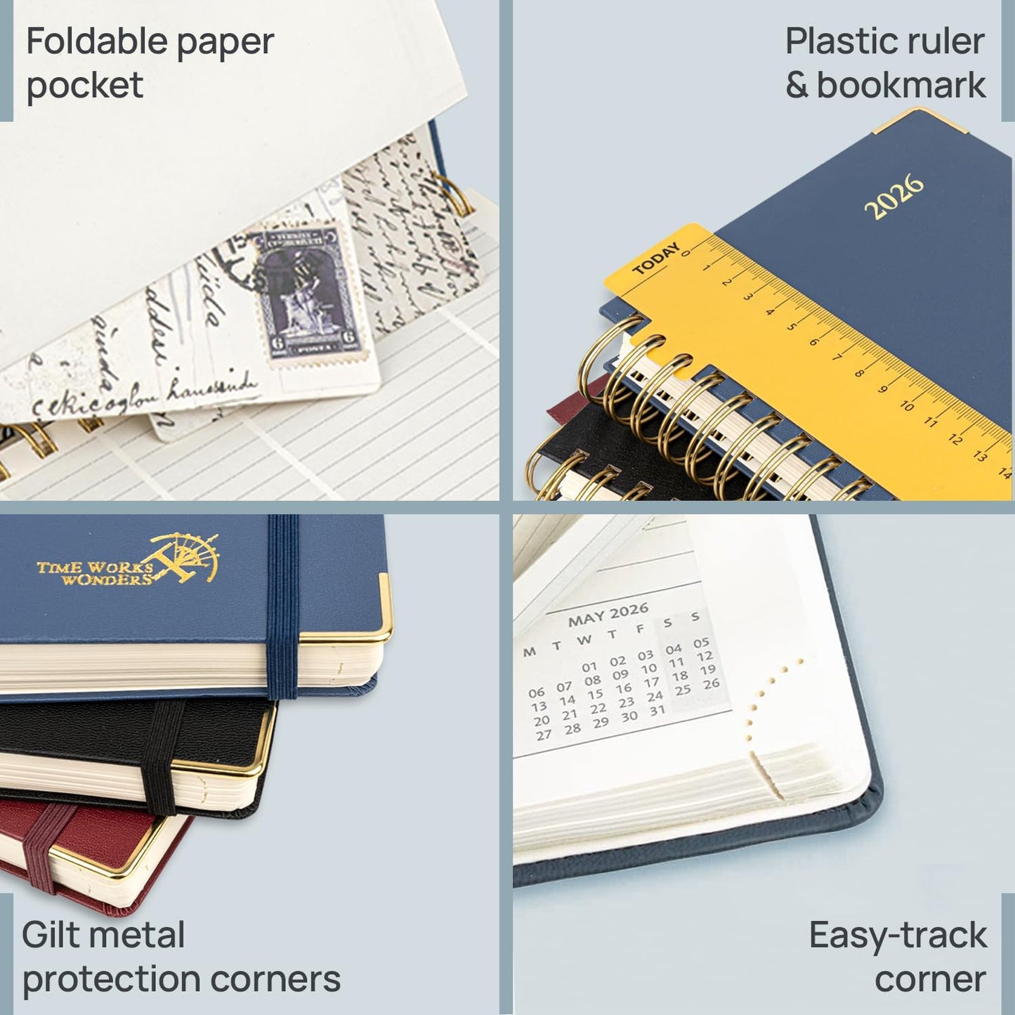 POPRUN 2026 Daily Planner One Page A Day - [A4 Large Size 8.5" x 12" -Spiral Hard Cover], Agenda 2026 Hourly Appointment Book with Monthly Calendar, Pen Holder, Ivory Paper - Orange