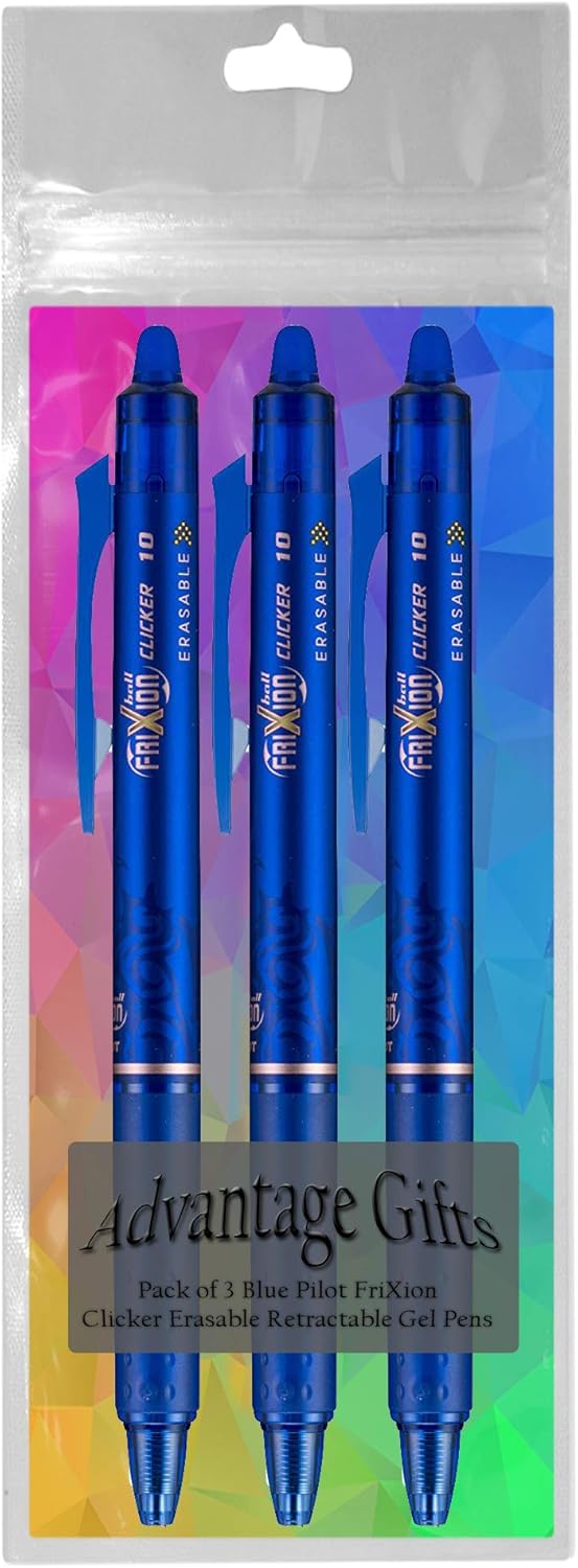 FriXion Clicker Retractable Erasable Gel Pen, Blue, Bold Point, 3-pk; Bundle with Plastic Reusable Pouch
