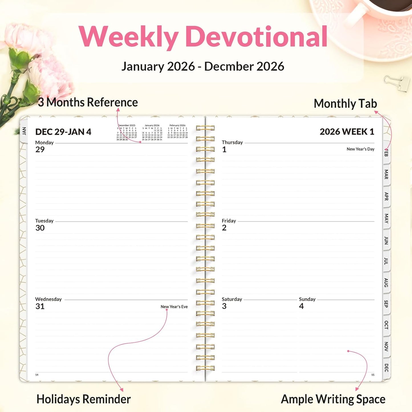 SUNEE Planner 2026 Weekly and Monthly, January 2026-December 2026, 6.4"x8.3", Tabs, Note Pages,Spiral Binding, Watercolor Flowers