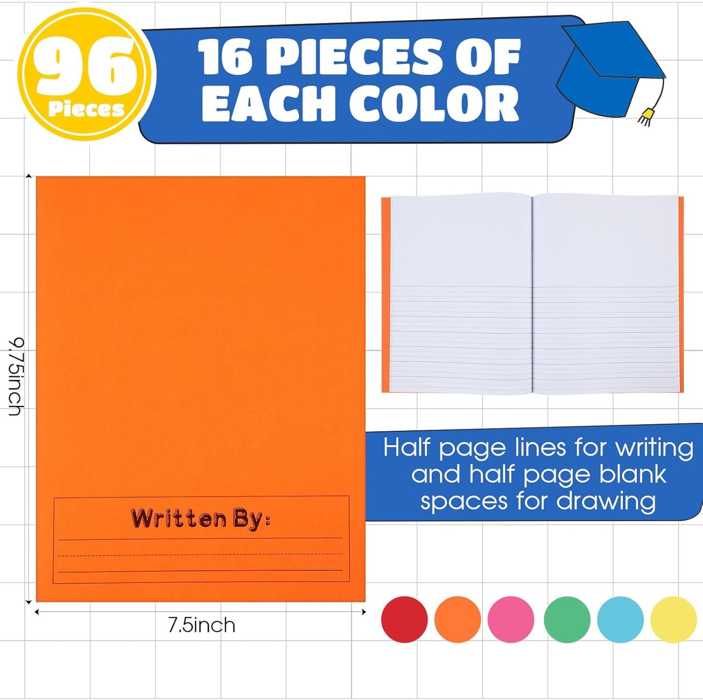 Henoyso 96 Pcs Primary Composition Notebook K-2 9 3/4 x 7 1/2 Inch Primary Journal, Back to School Supplies, Bulk Blank Writing Book for Kid to Write Draw Journal 60 Page Notebooks (Colorful)