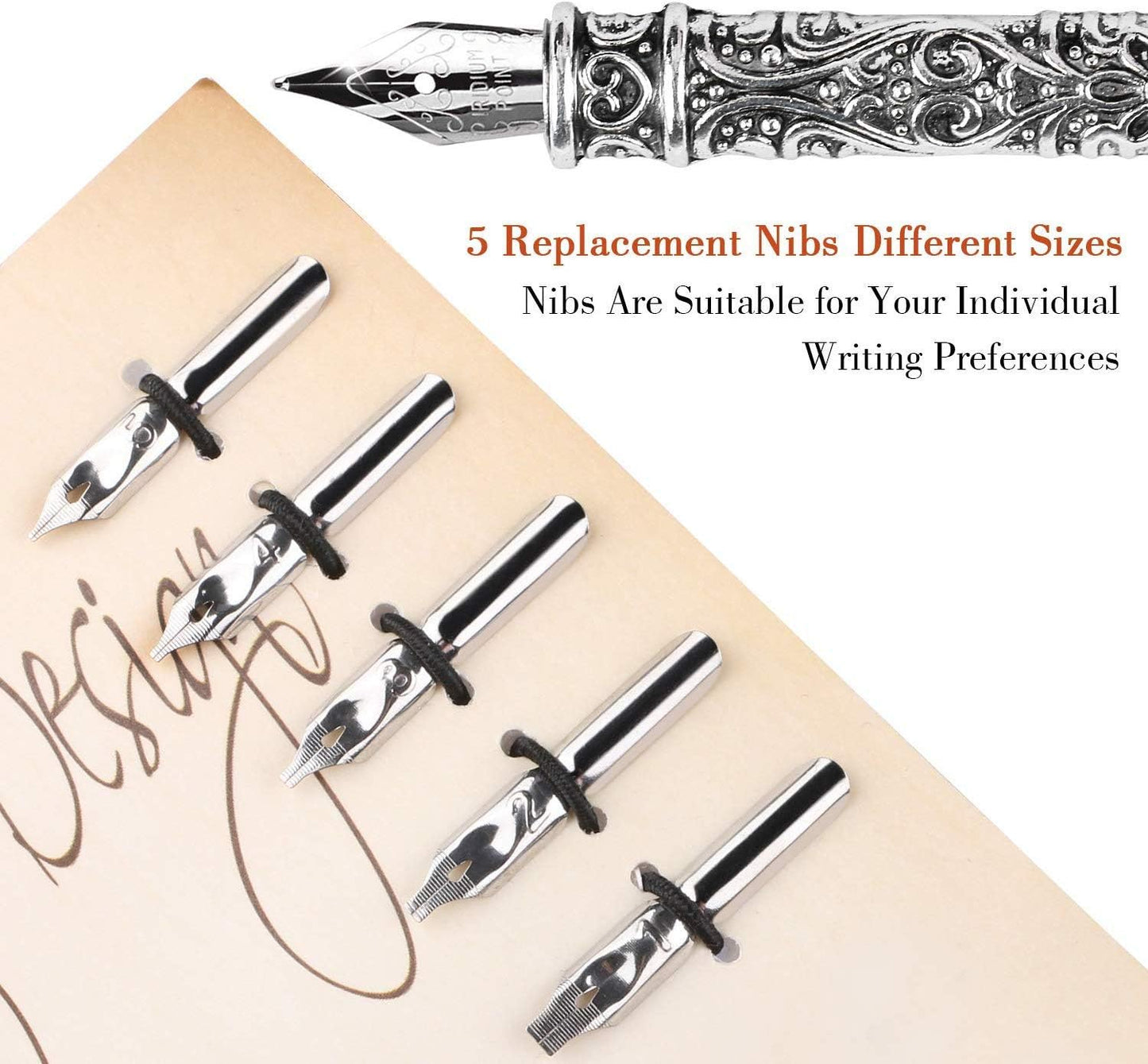 Quill Pen, Hand Made Antique Quill Dip Pen, Calligraphy Writing Drawing Pen for Students Officer, Write Smoothly, Executive Gift with Empty Ink Bottle, 6 PCS Nib for Art