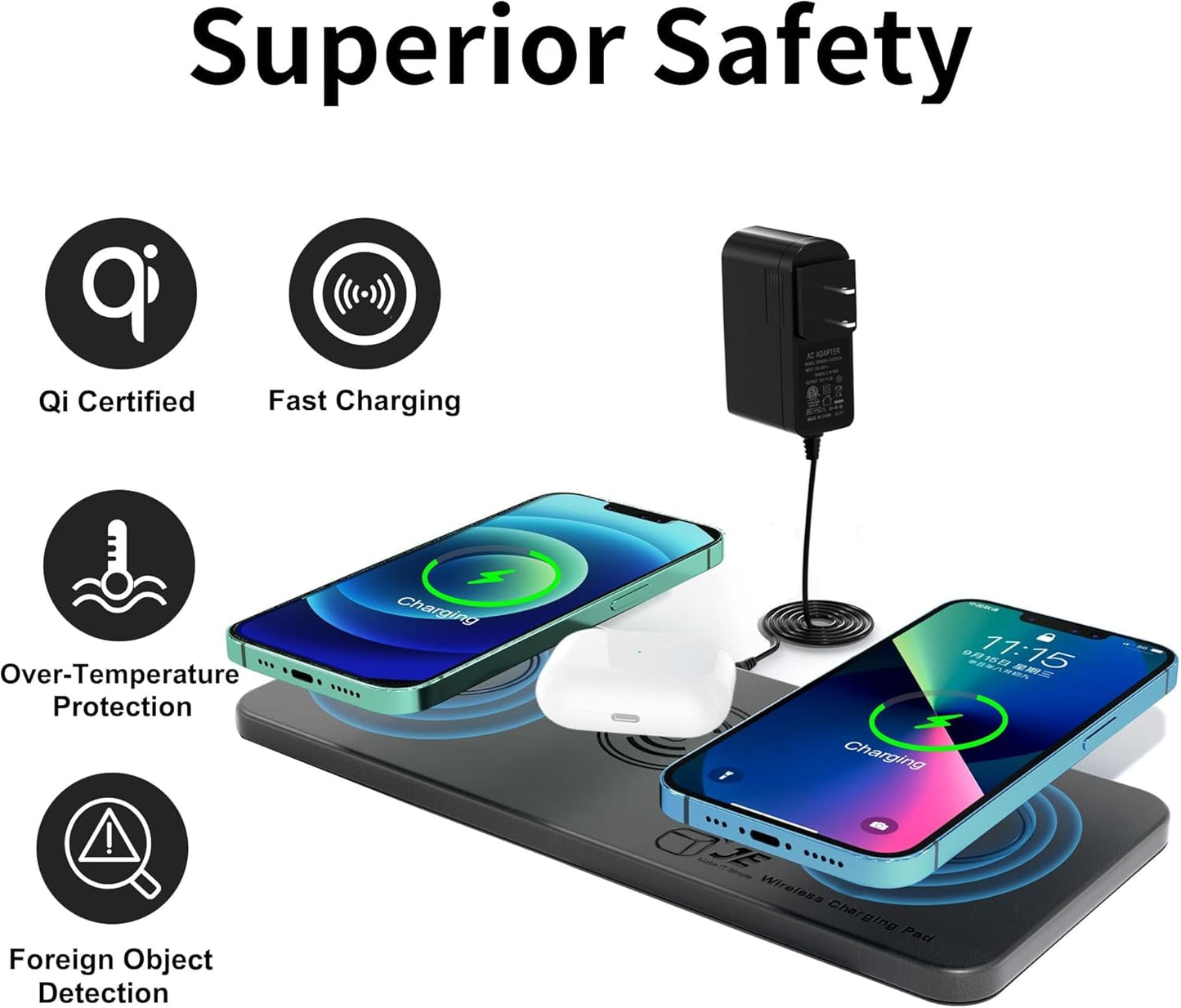 Triple Wireless Charger Pad - 15W Fast Charging Station for Apple iPhone 16/15/14/13/12 Pro/Max/Plus, AirPods, Qi-Certified 3-in-1 Charging Mat for Multiple Devices One-Step Wireless Charging Solution