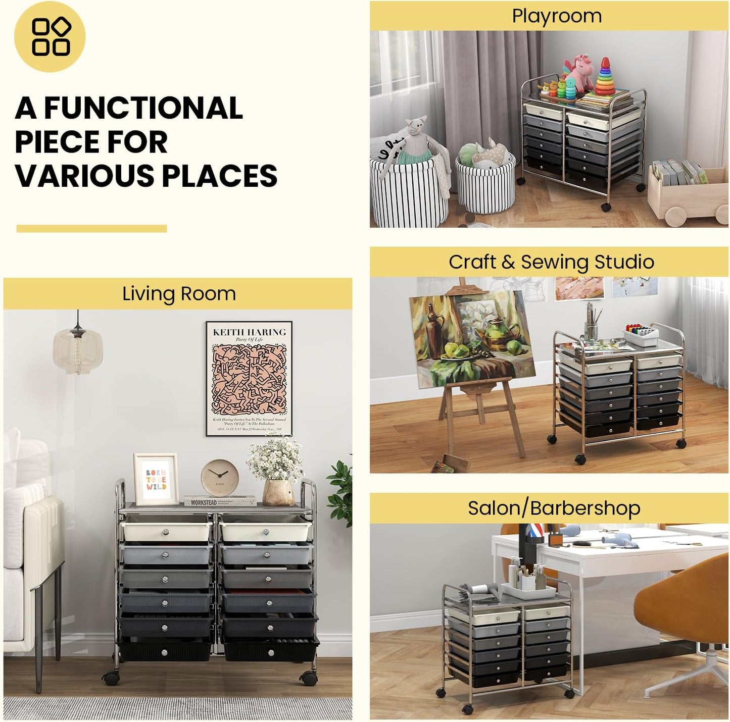 Giantex 12 Drawers Rolling Cart, Mobile Storage Drawer Cart, Classroom Organizer Cart for Office School Supplies Tools Scrapbook Paper Craft Small Printer, Utility Cart on Wheels, Black Gradient