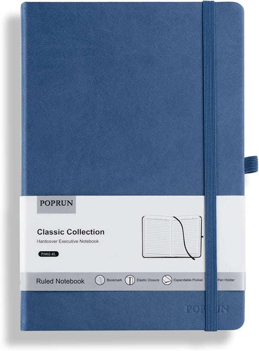 POPRUN A5 Lined Journal Notebooks, Leather Hardcover Thick Notebook for Writing, Business Work, Travel, School, College, Christmas, 5.5 x 8.3 inch, 240 Pages Classic Ruled Journals Notepad, Blue