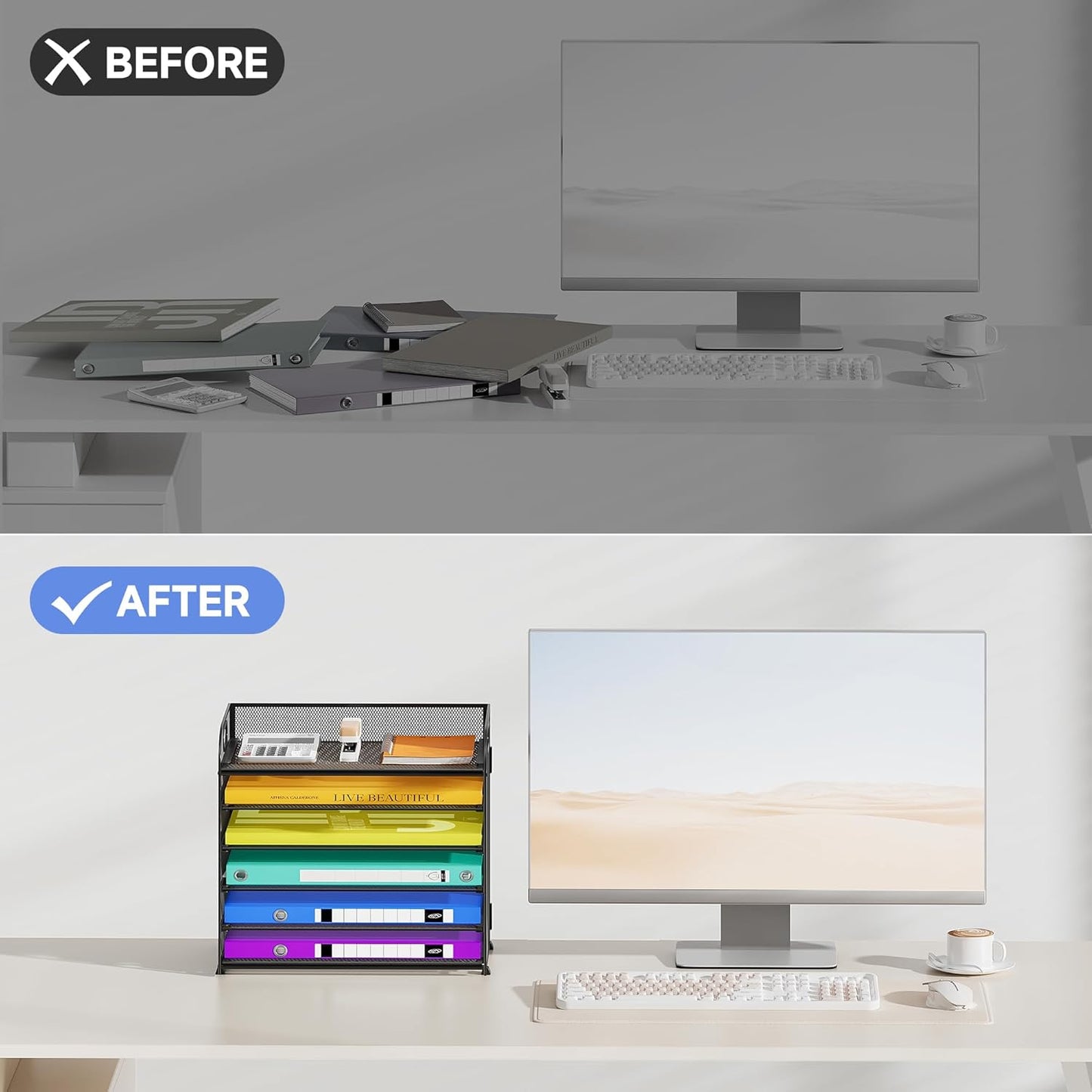 6 Tier Paper Organizer with Handle, Metal Desk Organizer Mesh Paper Letter Tray Desktop File Folder Document Sorter for Classroom, School, Office Accessories Organization and Storage - Black