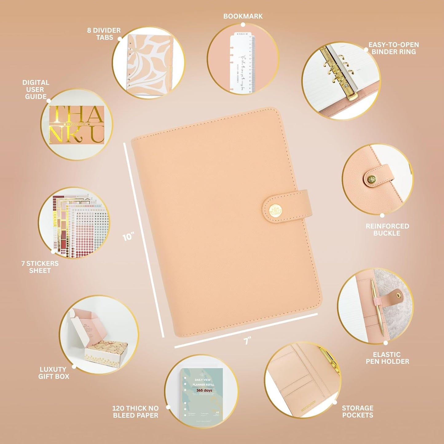 Bossy Girl Journey - A5 Daily Planner Binder – Undated Time Blocking Refillable Organizer for Women with 110gsm Paper, PU Leather Cover, Stickers, Dividers, Pen Loop, Gift Box – Goal Setting & Productivity (Beige)