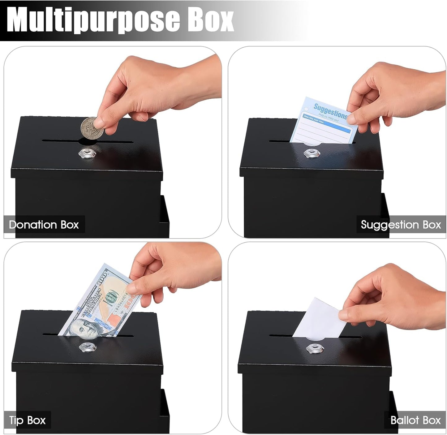 KYODOLED Suggestion Box with Lock & 50 Free Suggestion Cards, Metal Comment Donation Drop Box with Slot, Countertop or Wall Mounted, 8.7" Hx5.9 Wx7.1 L, Black