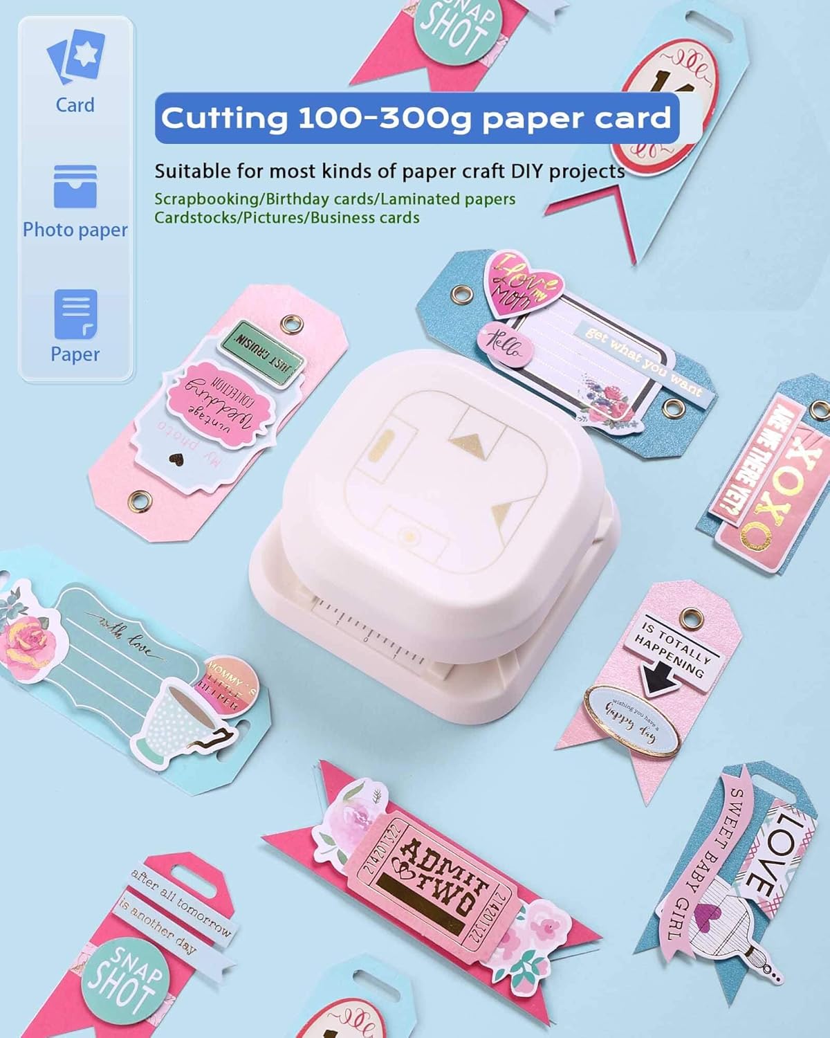 Hole Puncher and Corner Cutter, 4 in 1 with One Oval & Fish Eye Hole, Dovetail & Bevelled Angle Paper Hole Punch for Kids Paper Crafts, Scrapbooking, Card Making, Cardstock, Photo Corners