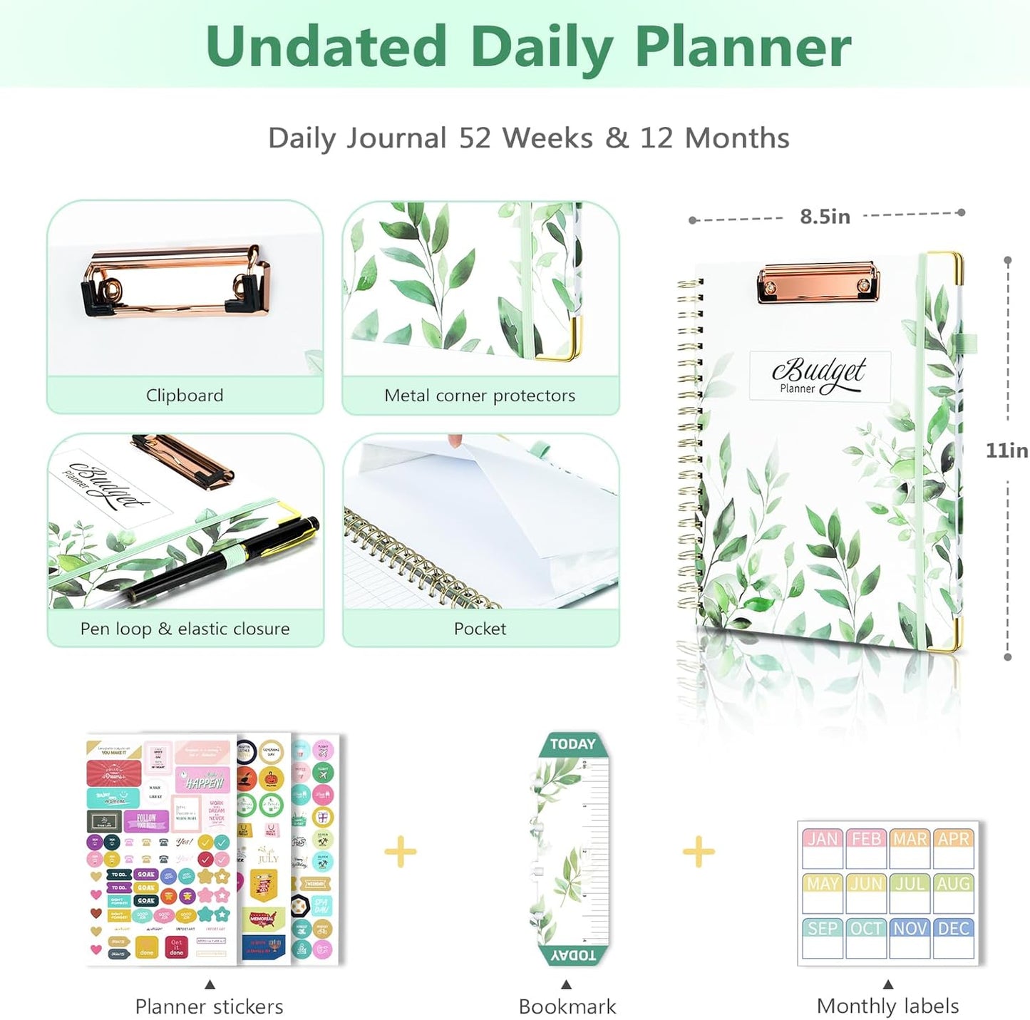 Ospelelf Undated Budget Planner with Expense Tracker and Bill Organizer Large Spiral Bound Monthly Account Planners to Take Control of Your Money 12 Months Green