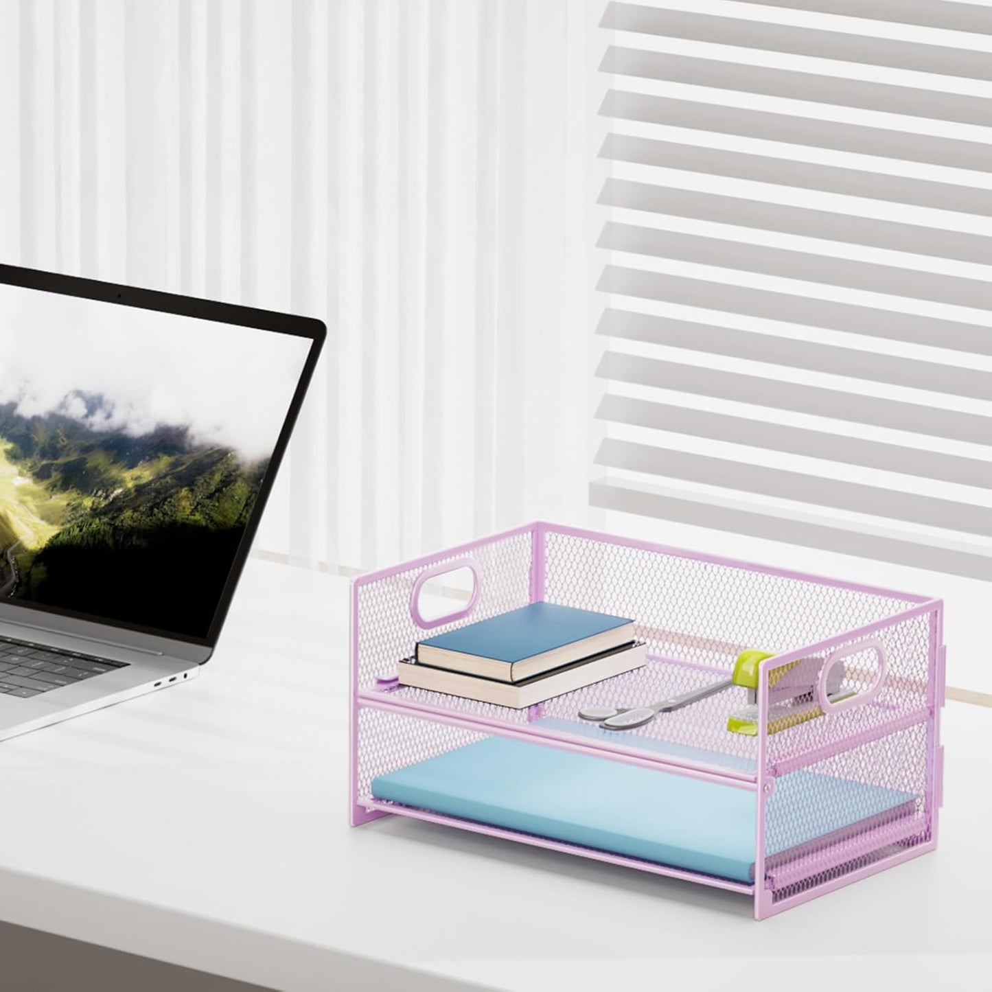 Marbrasse 2 Tier Paper Organizer Letter Tray, Mesh File Organizer with Handle, Paper Sorter Desk Organizer for Home Office Supplies - Purple