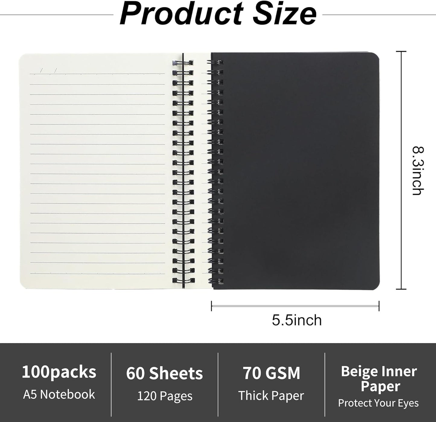 miikoul 100 Packs A5 Spiral Notebooks, Black Ruled Notebooks Bulk, 8.3"×5.5", 60 Sheets/120 Pages, Hardcover Lined Journal Notepad Travel Notebooks for Office and Back to School Supplies