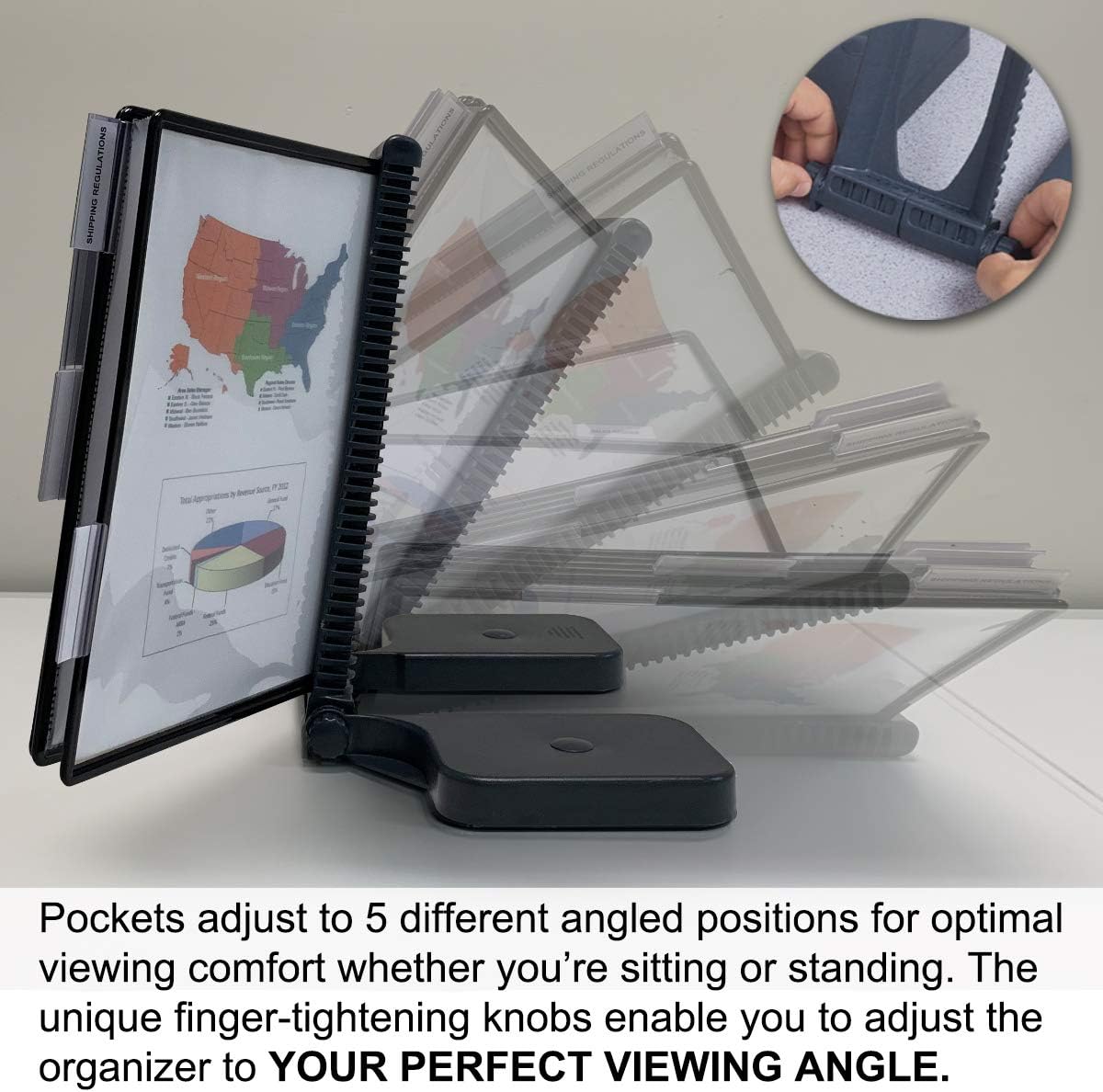 Ultimate Office AdjustaView 10-Pocket Desk Reference Organizer with Easy-Load Pockets and Compact Weighted Base for Stability, Black Pockets