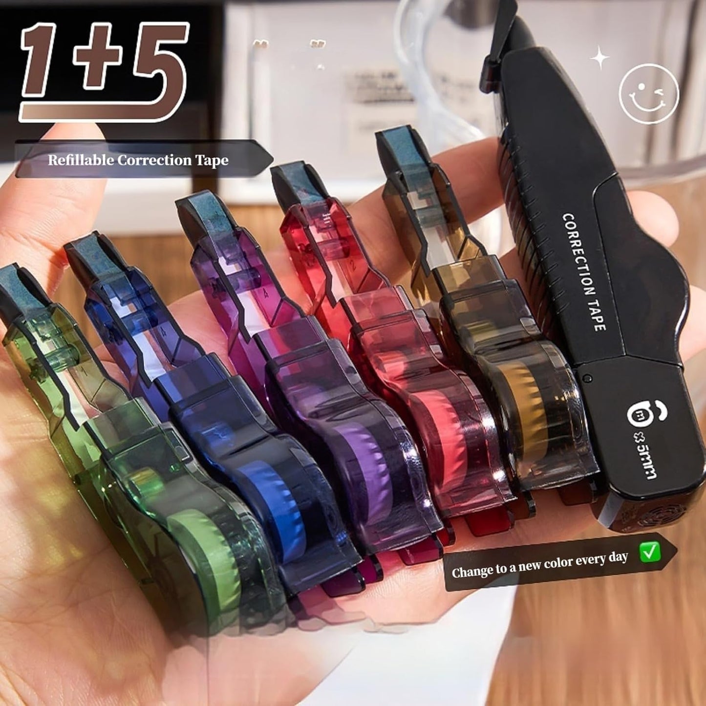 Refillable Quick-Dry White Correction Tape Set, 118ft(36m) Total, 6-Count Pack, Aesthetic Cute Pen-Shaped Applicator, School & Office Supplies(Black)