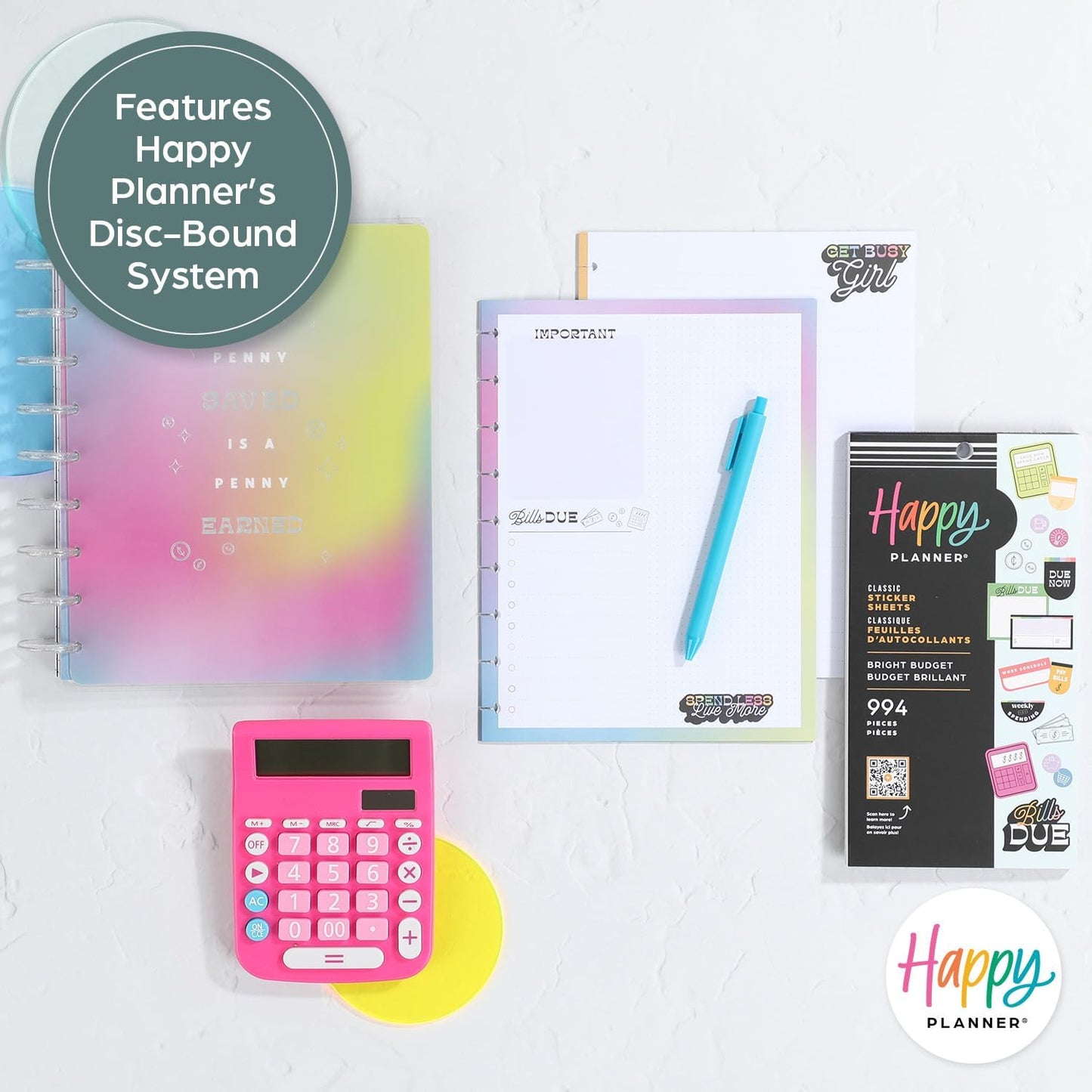 Happy Planner 12 Month Planner Box Bundle– Jan 2024 – Dec 2024 – Budget Layout – Includes 12 Month Dated Classic Size Planner, Block Pad Paper & 30 Sheet Sticker Book – Bright Budget Theme