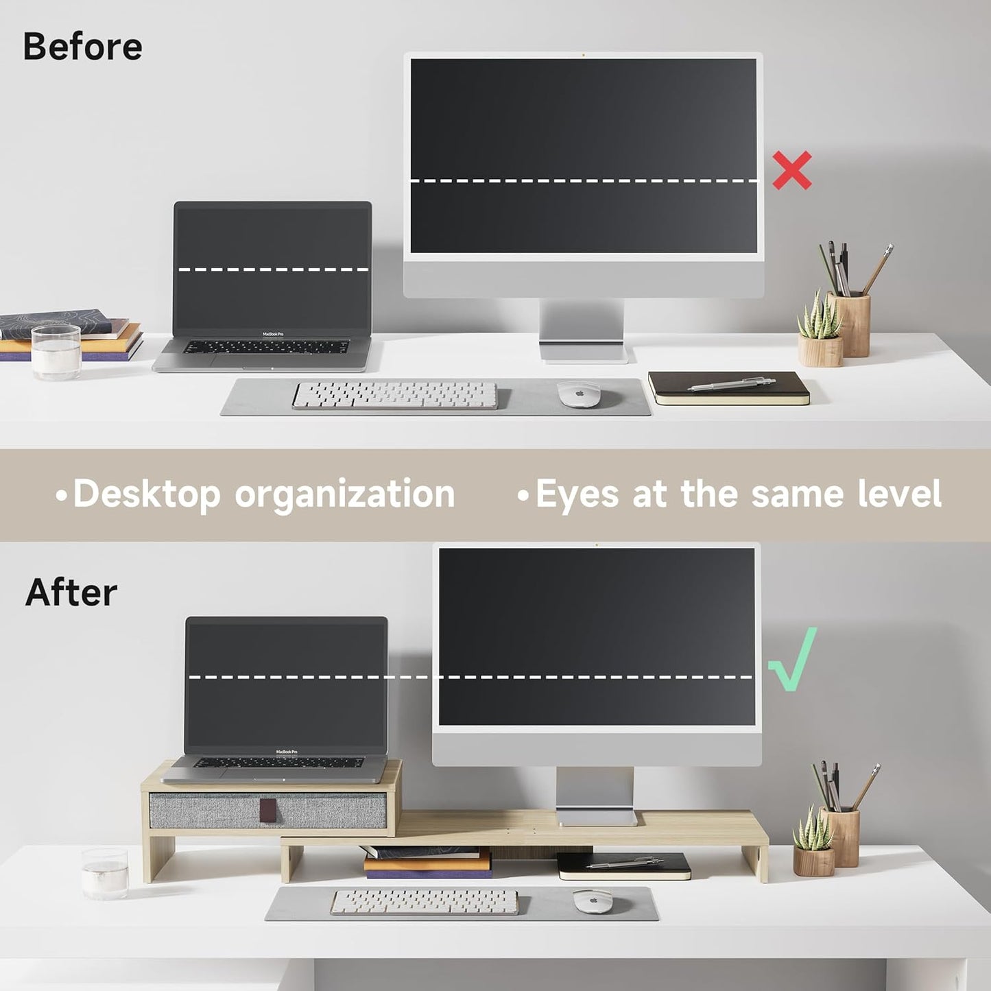 Fenge Computer Monitor Riser Stand with Drawer for 2 or 3 Monitors ,Adjustable Length and Angle Desktop Laptop Stand,Office Organizer,Printer,Oak