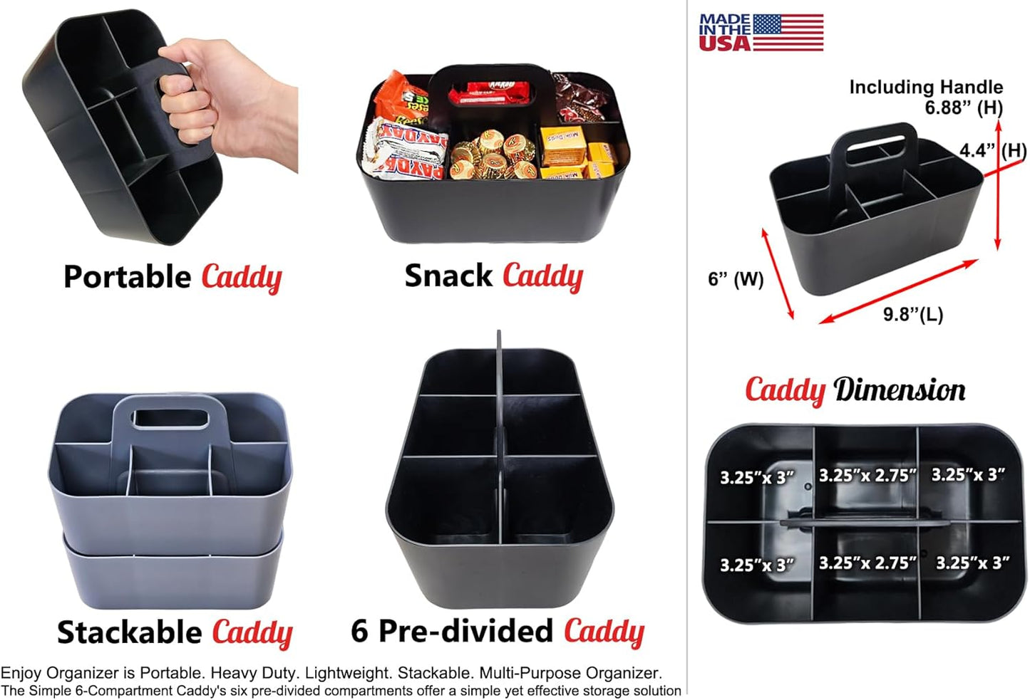 2 Pack Small 6 Compartment Multiuse Caddy Organizer with Handle Art Craft Supplies, Office, Desk, Stationery Pen Holder Stackable- Made In USA (Mint/Gray)