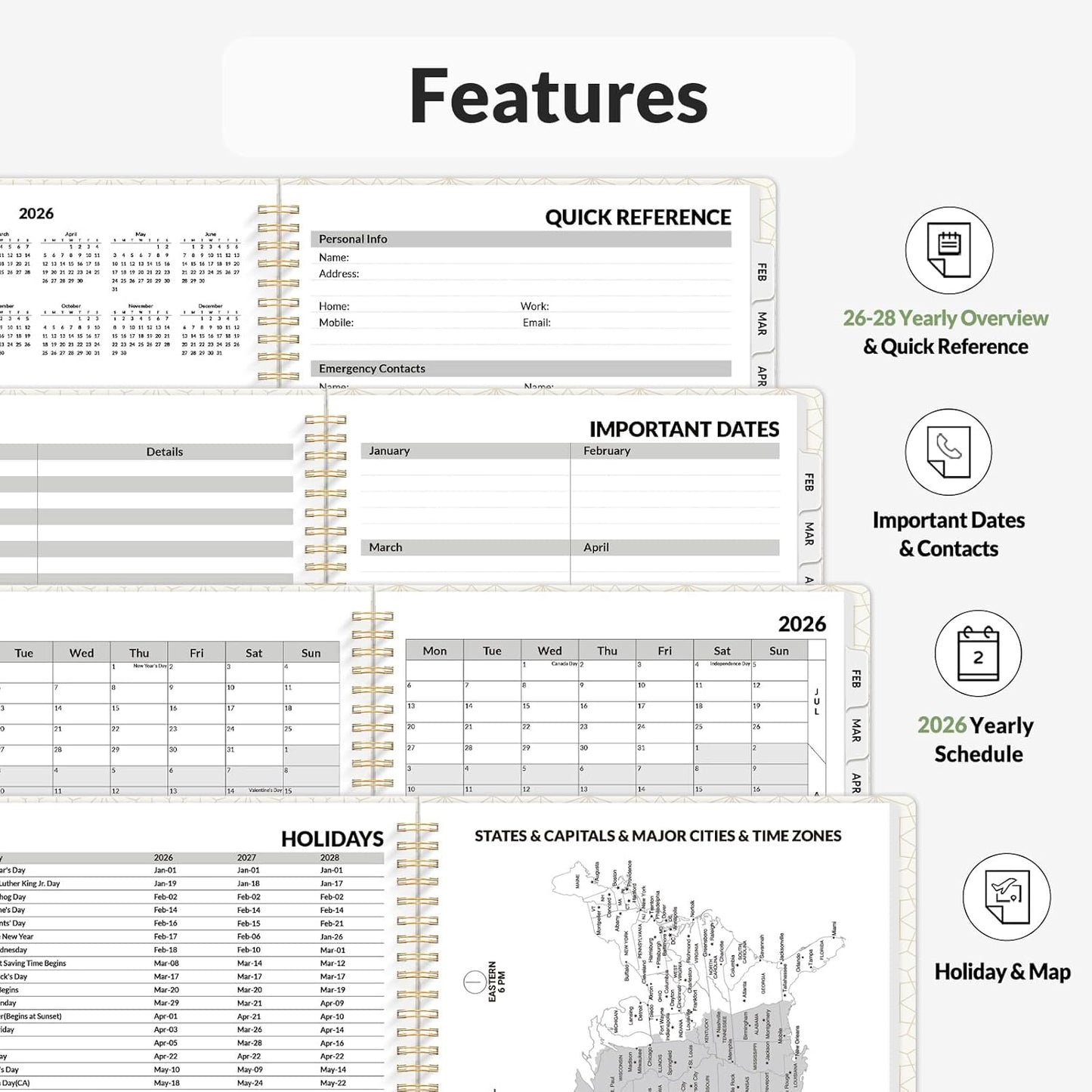 SUNEE Planner 2026 Weekly and Monthly, January 2026-December 2026, 8.5"x11", Tabs, Note Pages,Spiral Binding, Sage Green