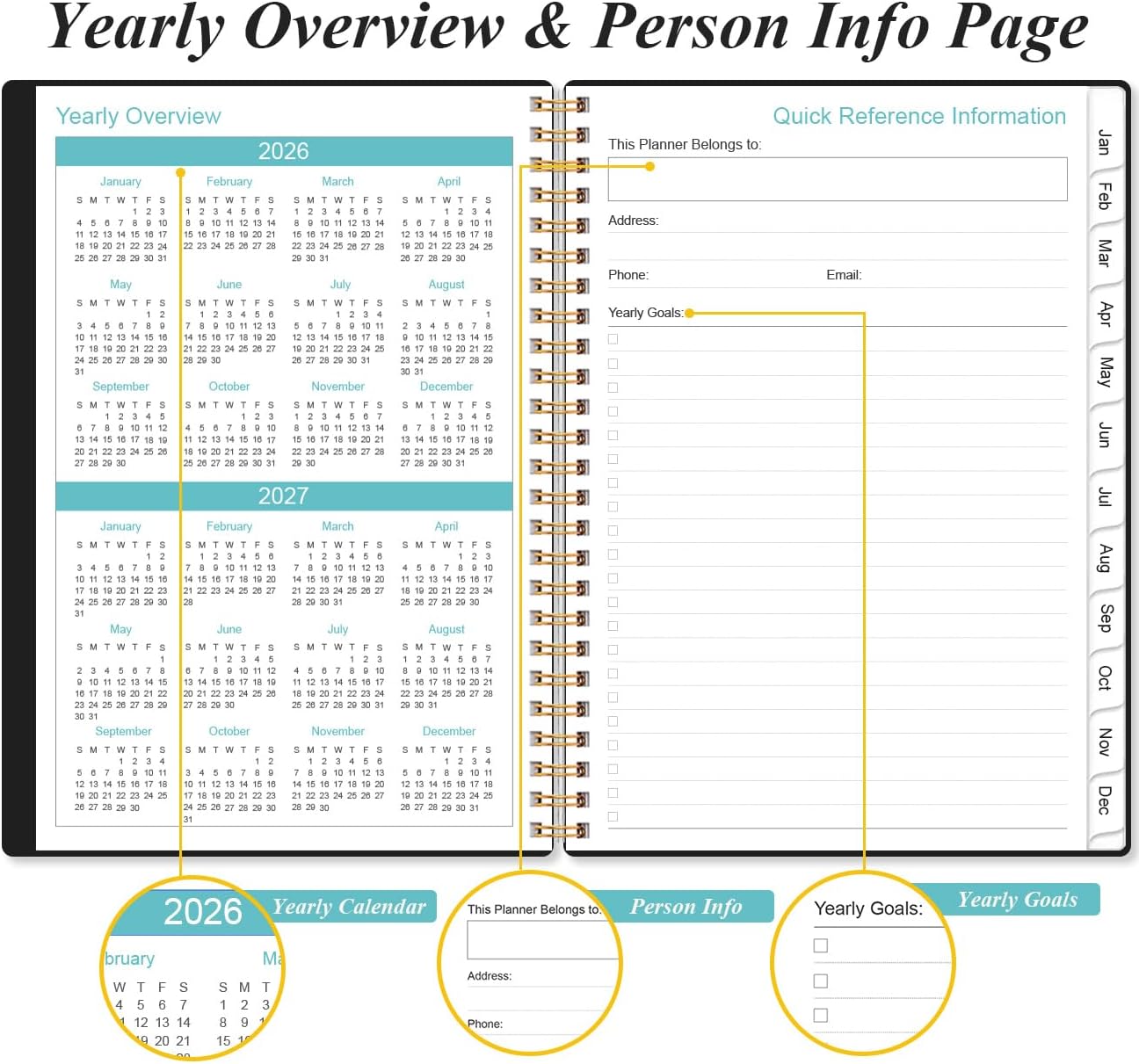 2026 Planner - Weekly and Monthly Calendar Planner from Jan 2026 - Dec 2026, Planner 2026 Spiral Bound with 12 Monthly Tabs, Inner Pocket, Perfect for School Office Supplies, 6.4" x 8.5", Black