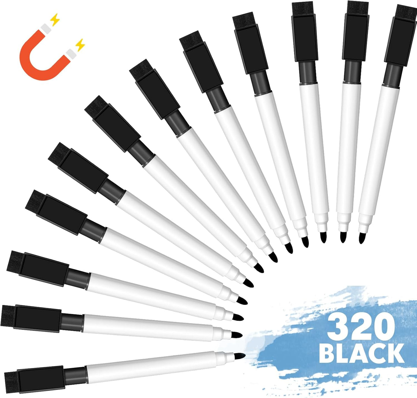 Kosiz 320 Pcs Magnetic Dry Erase Markers, Back to School Whiteboard Multicolor Marking Pens with Fine Point Tip, Erasable Caps, Ideal for Whiteboard Dry Erase Boards School Office Home(Black)