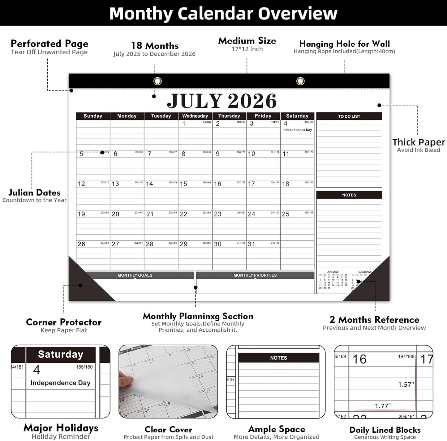 Tcamp 2026 Calendar, Desk Calendar 2026-2027 from January 2026 to June 2027, Large 17" x 12" Wall Calendar with Julian Dates, 18 Months Desk Planner for Home School Office Desktop, Christmas Gifts