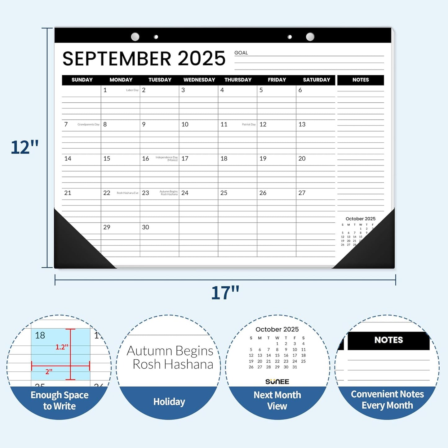 SUNEE Desk Calendar 2025-2026 17x12, 18 Months, JUL. 2025 - DEC. 2026, Academic Calendar 2025-2026, School Year Large Desktop Calendar Monthly for Teacher, Black with Note