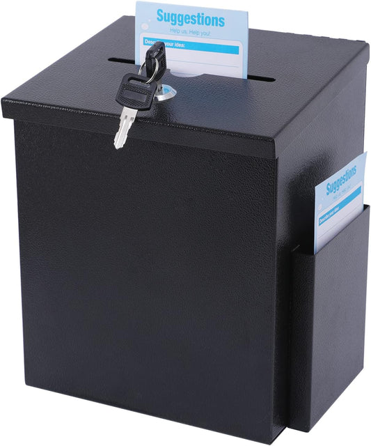 KYODOLED Suggestion Box with Lock & 50 Free Suggestion Cards, Metal Comment Donation Drop Box with Slot, Countertop or Wall Mounted, 8.7" Hx5.9 Wx7.1 L, Black