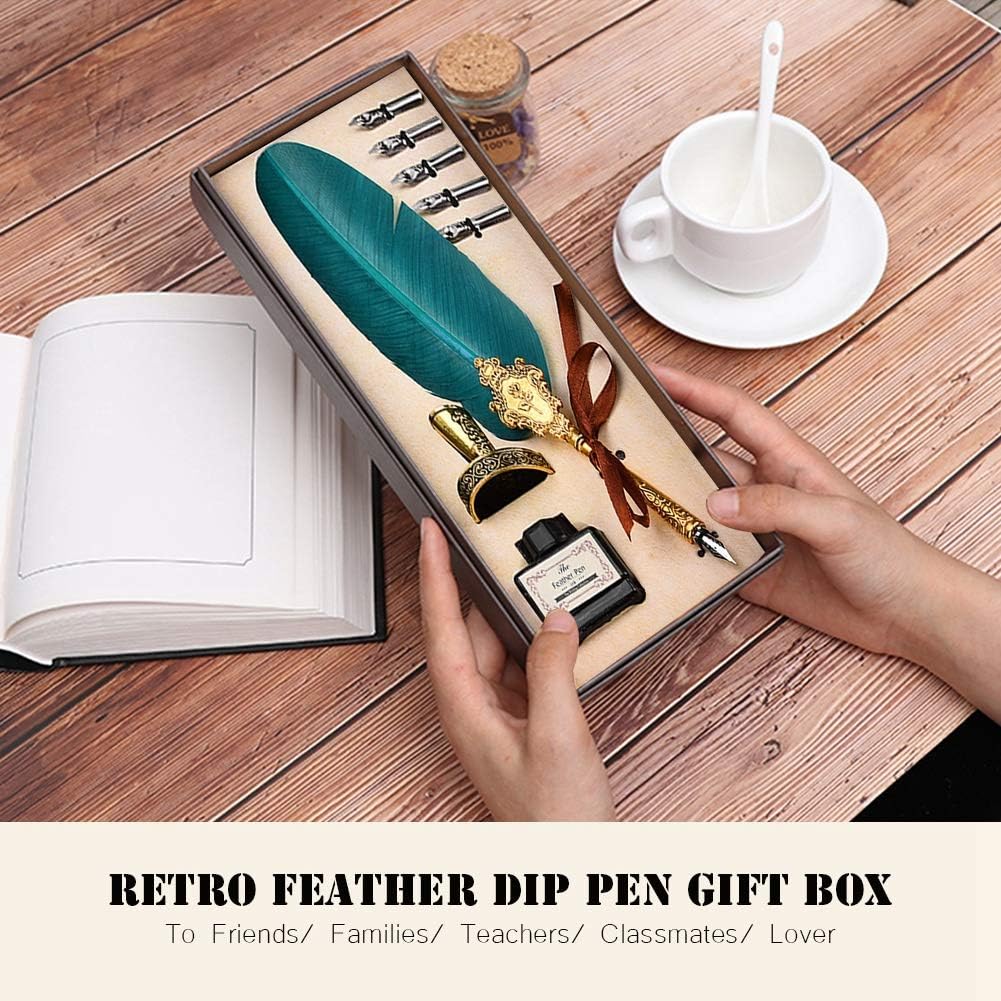 Retro Classical Dip Writing Pen,European Fountain Pen,5 Replacement Luxury Dip Pen Nips,Pen Stand Base,Writing Pen Ink Bottle Set Gift Box for