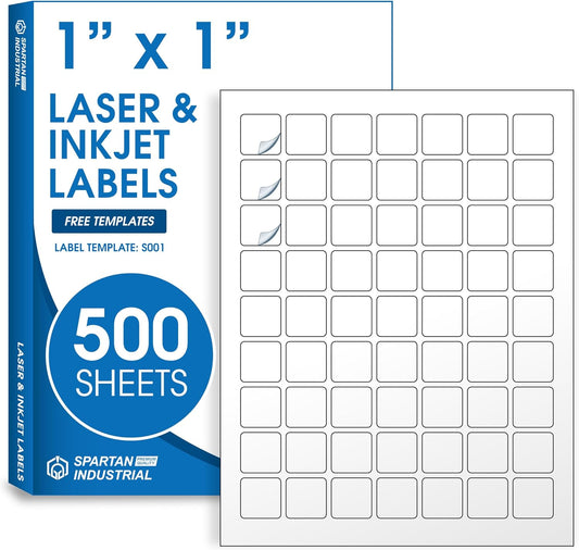 1" X 1" Square Printable Labels Compatible with Inkjet and Laser Printers - 500 Sheets, 31500 Matte White Paper Stickers for QR Codes, Barcodes, and Price Tags - Spartan Industrial