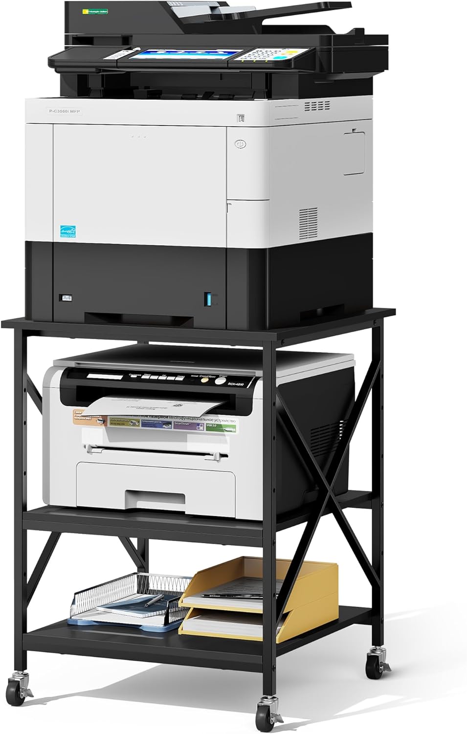 Warmiehomy 24"x24"x30" Large Printer Stand with Storage, 3 Tier Rolling Printer Cart Table, Mini Fridge Stand with Wheels, Use for 3D Laser Printer Home Office, Black