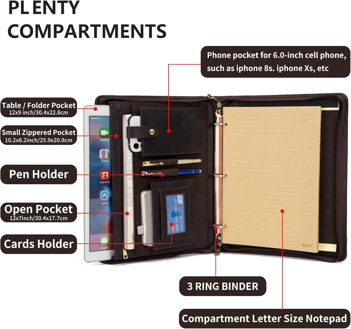 Professional Leather Business Padfolio Portfolio Case, 3 Ring Binder,Zippered Business Document Organizer Tablet Holder Folder Case,with Letter Size Notepad (Dark Brown)