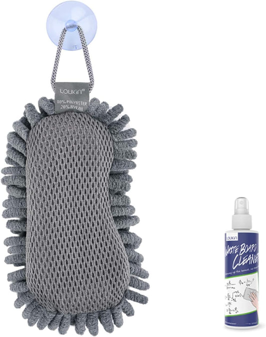 loukin Shag Dry Erase Eraser (3.4 Fl Oz Whiteboard Cleaner Included), Whiteboard Eraser with Suction Cup, Microfiber, Washable, for Classroom, Home and Office Use, Grey