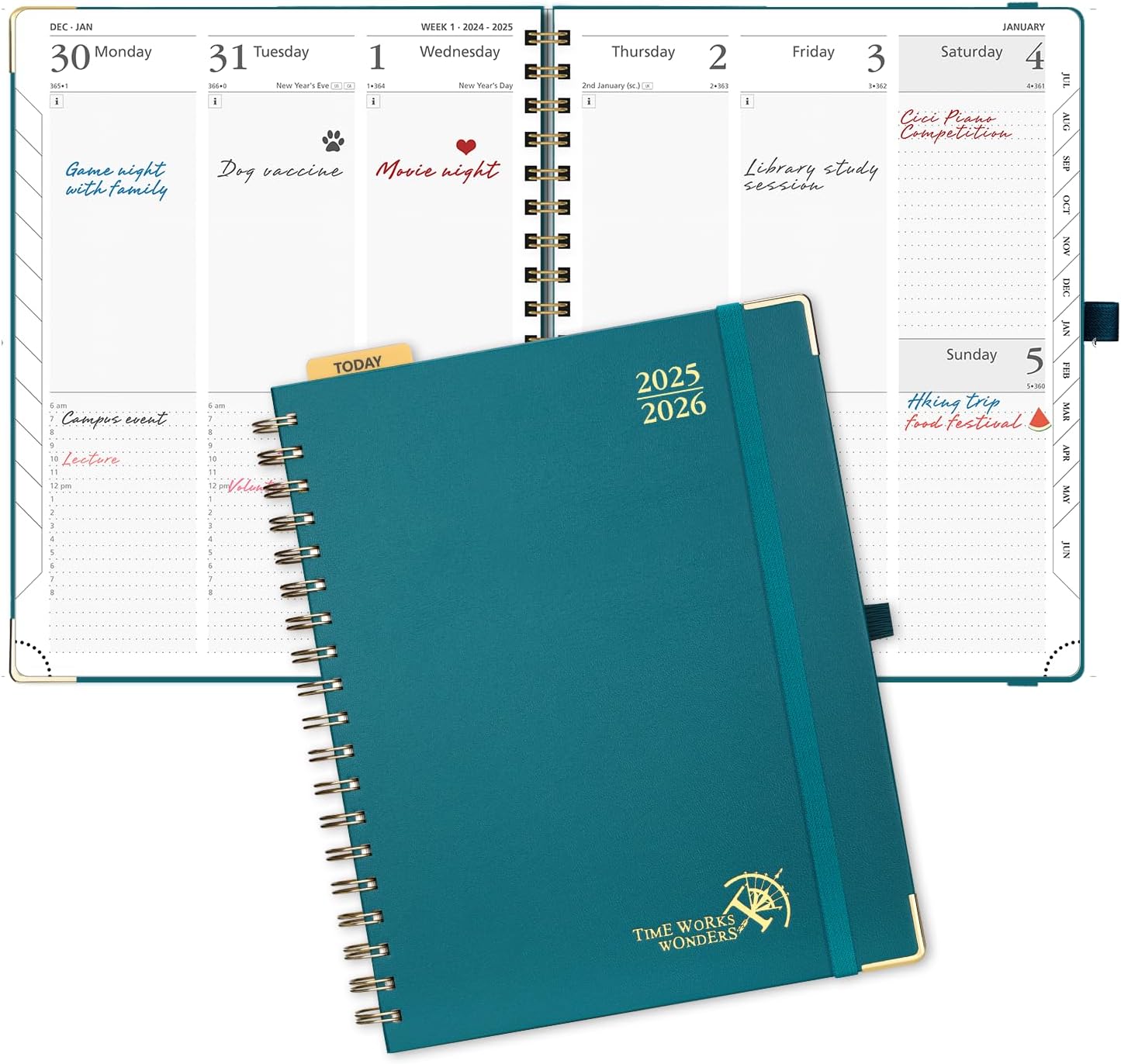 POPRUN Academic Planner 2025-2026 (July 2025-June 2026), Daily Weekly and Monthly Appointment Book (Wirebound Hard Cover - 10'' x 8'') with Hourly Time Slots, Tabs, 100 GSM - Pacific Green