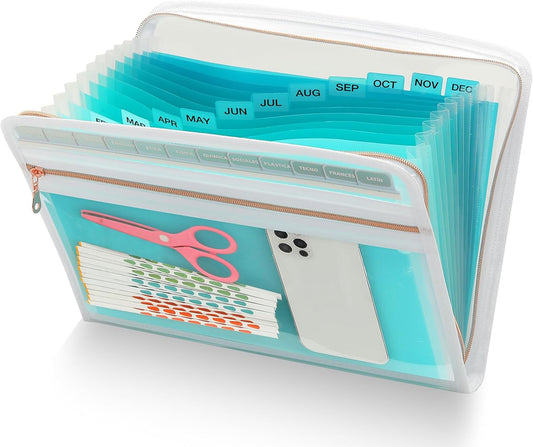 H4D 13 Pocket Expanding File Folder Organizer with Front Clear Pounch, Accordion File Organizer with Zipper Clourse, Fit for Letter Size Papers, Teal