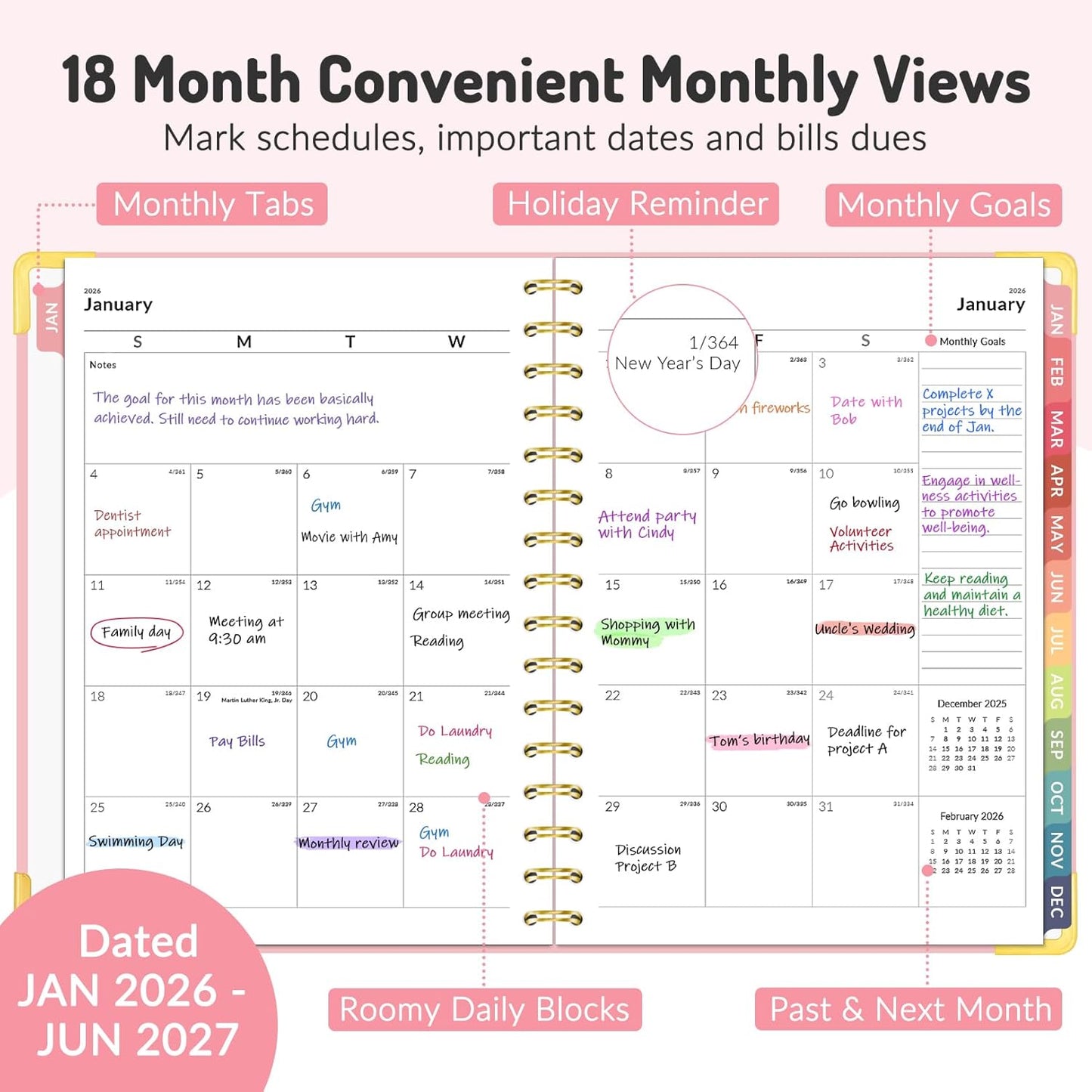 Forvencer Planner 2026-2027, 18 Month Weekly and Monthly Calendar Planner, Jan 2026 -June 2027, 6.3" x 8.4", Daily Agenda Book with Tabs, College Organizer Notebook, School Supplies for Student Teacher Classroom, A5, Pink