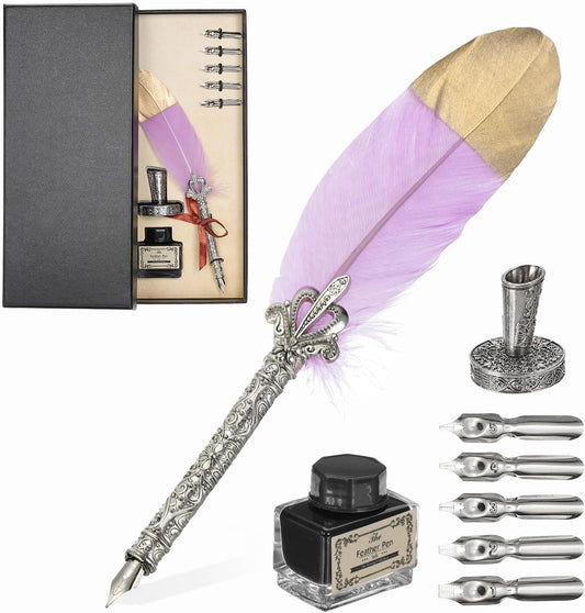 PATIKIL Feather Quill Pen Set, 1 Set Vintage Feather Calligraphy Pen Fountain Dip Pen Set with Ink, Pen Holder and Replacement Nibs for Beginner Writer Writing Gift, Light Purple