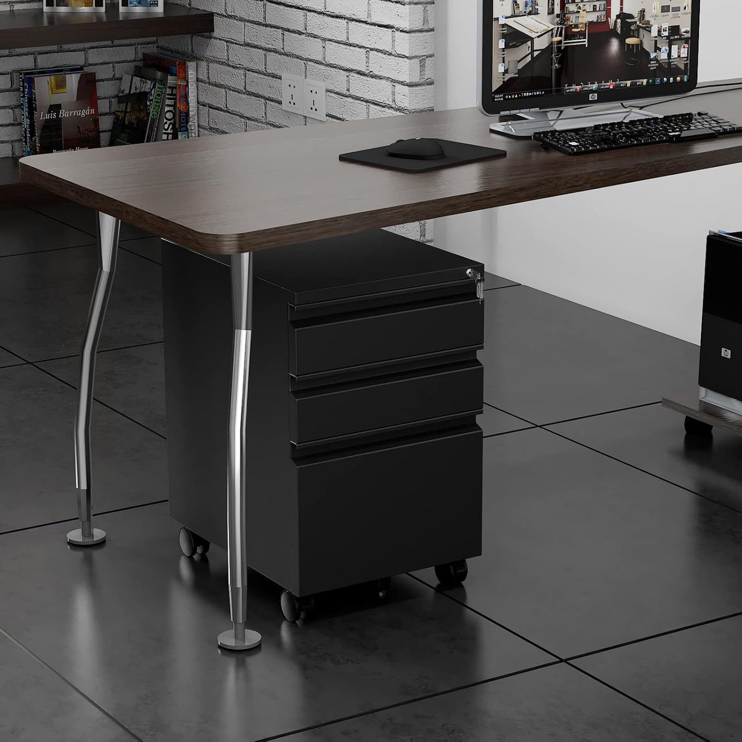 3 Drawer File Cabinet with Wheels, Metal Filing Cabinet with Lock, Office Rolling File Cabinets for A4/Legal/Letter Size, Assembly Required, Black