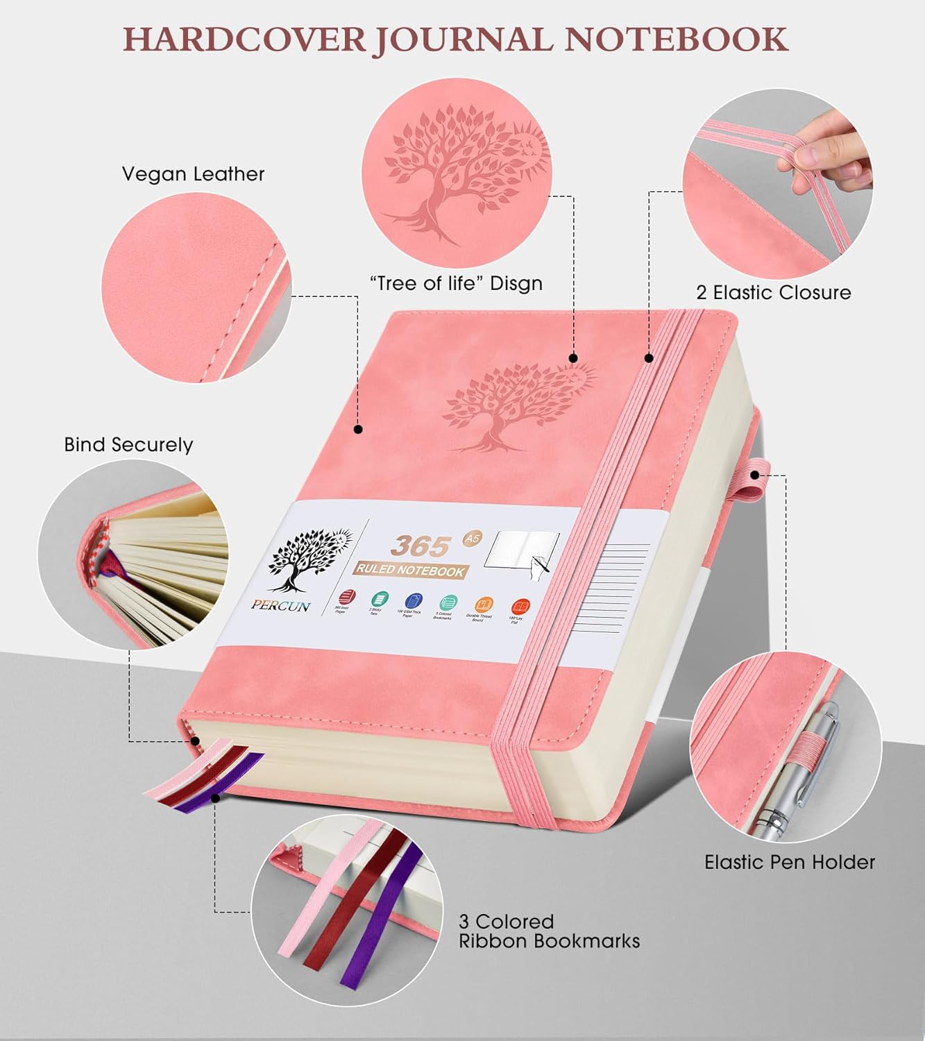 A5 Lined Journal Notebook - 365 Page Leather Journals for Writing Women & Men，Hardcover Notebook with 100Gsm Thick Pages，Daily Diary for Travel, Work，School，Note Taking，College Ruled (5.9" x 8.5")
