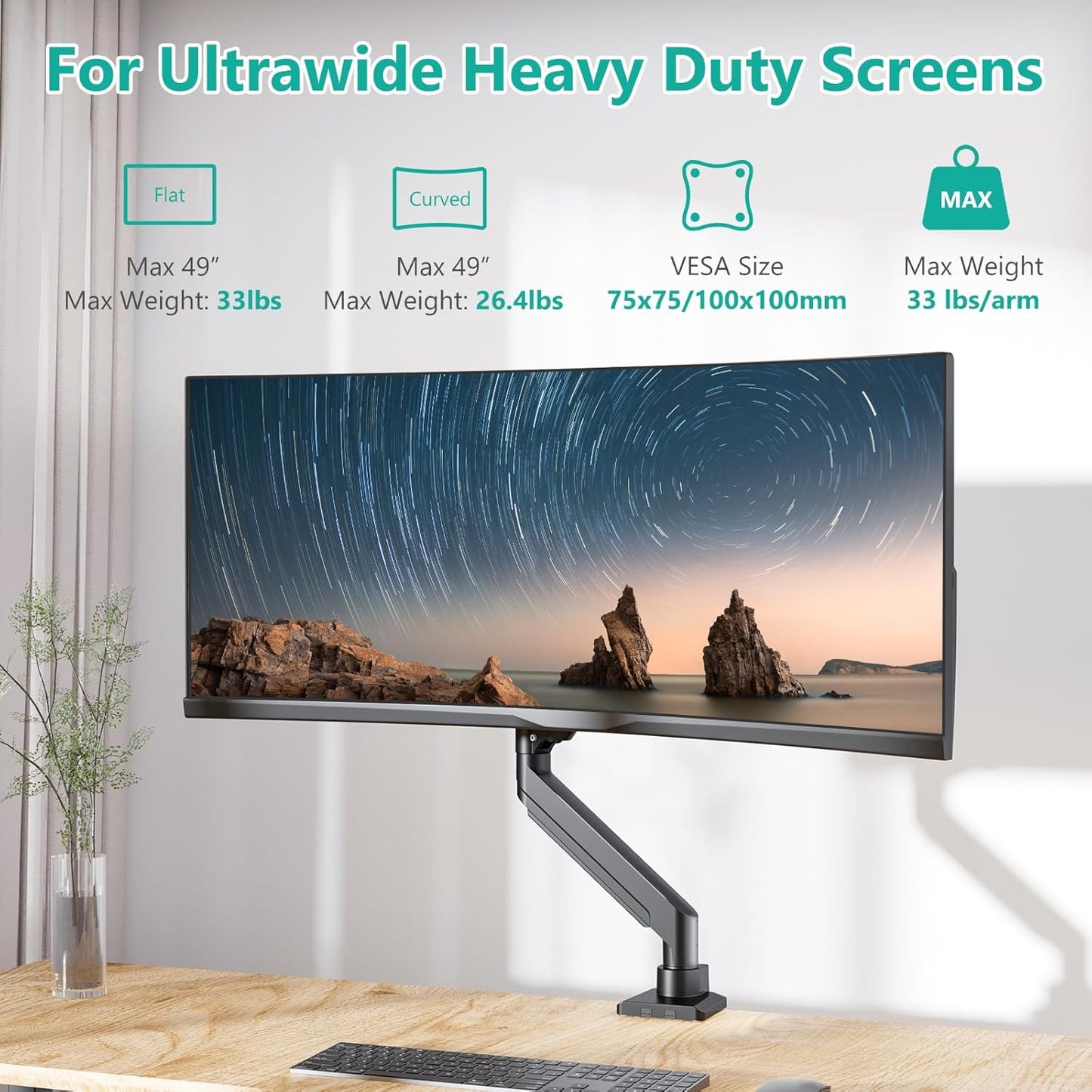 WALI Ultrawide Monitor Arm for 13 to 49 Inch Heavy Duty Curved Screens, Holds 33 Lbs, Adjustable Gas Spring Single Monitor Desk Mount with C-Clamp, Grommet Base, 75x75/100x100 VESA, (GSM001XL), Black