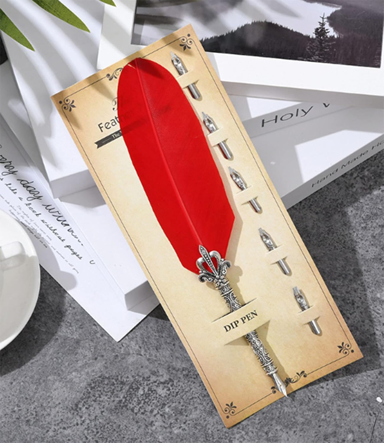 Gullor Calligraphy Feather Quill Pen and 5 Calligraphy Nibs for Beginners Kids Calligraphy Writing Quill Dip Pen Set, Red