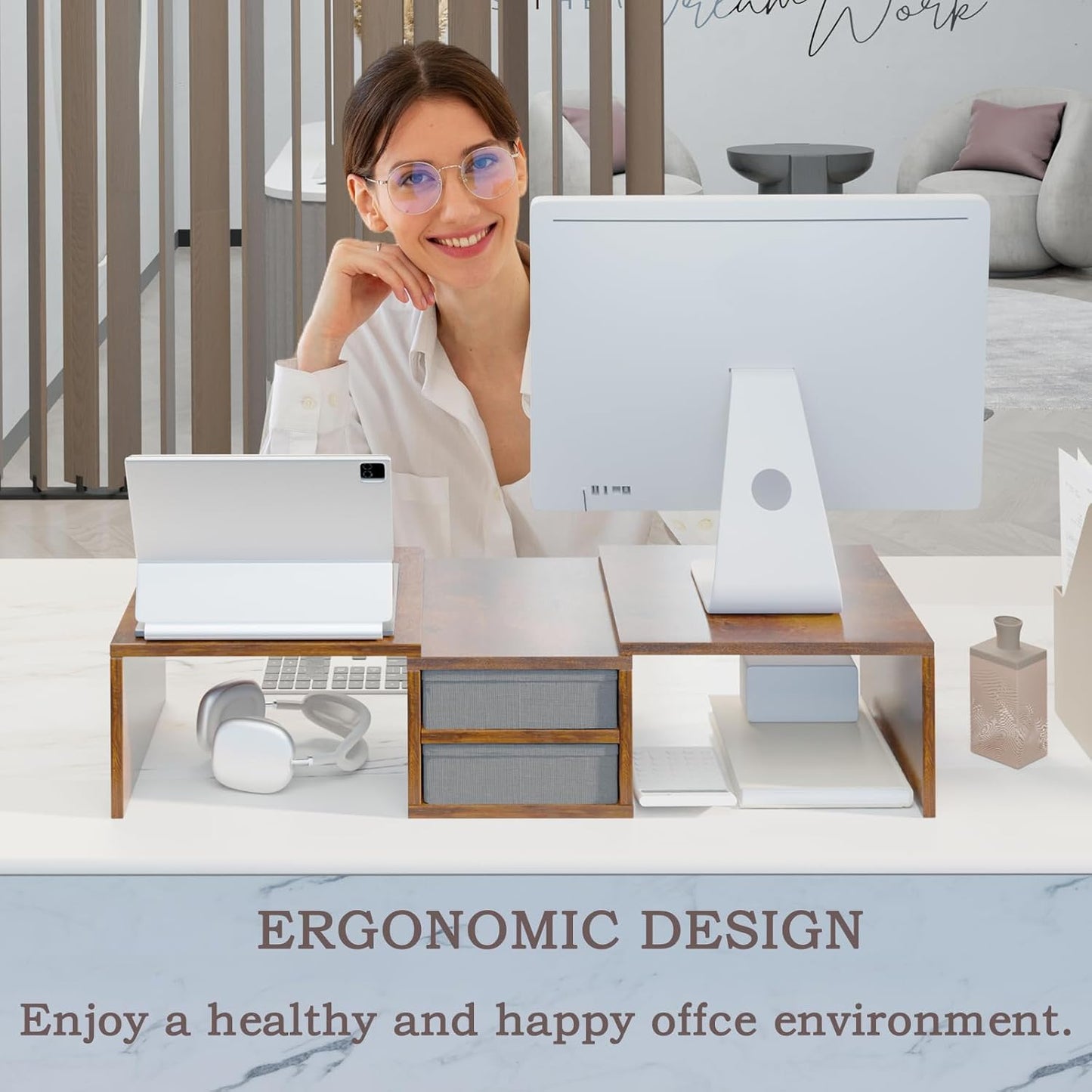 TEAMIX Dual Monitor Stand Riser with 2 Drawers - Length and Angle Adjustable 3 Shelf Monitor Riser with Storage Desk Organizer Large Monitor Stand for 2 Monitors/Laptop/PC,Screen/TV Stand Riser