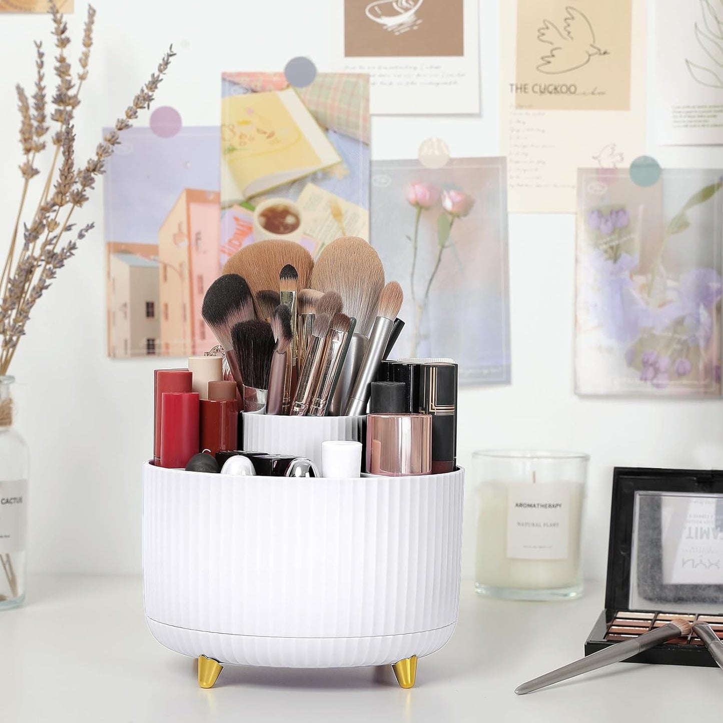 SKYDUE 360 Rotating Organizer - Dual-Purpose Pen & Pencil Holder with 5 Slots, Suitable for Office, School, or Home (White)