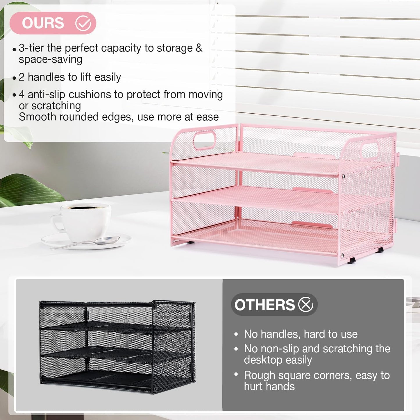 3-Tier Letter Tray Paper Organizer with Handle,Compact Mesh Desk File Organizer for Home Office Supplies Desktop Accessories,Pink