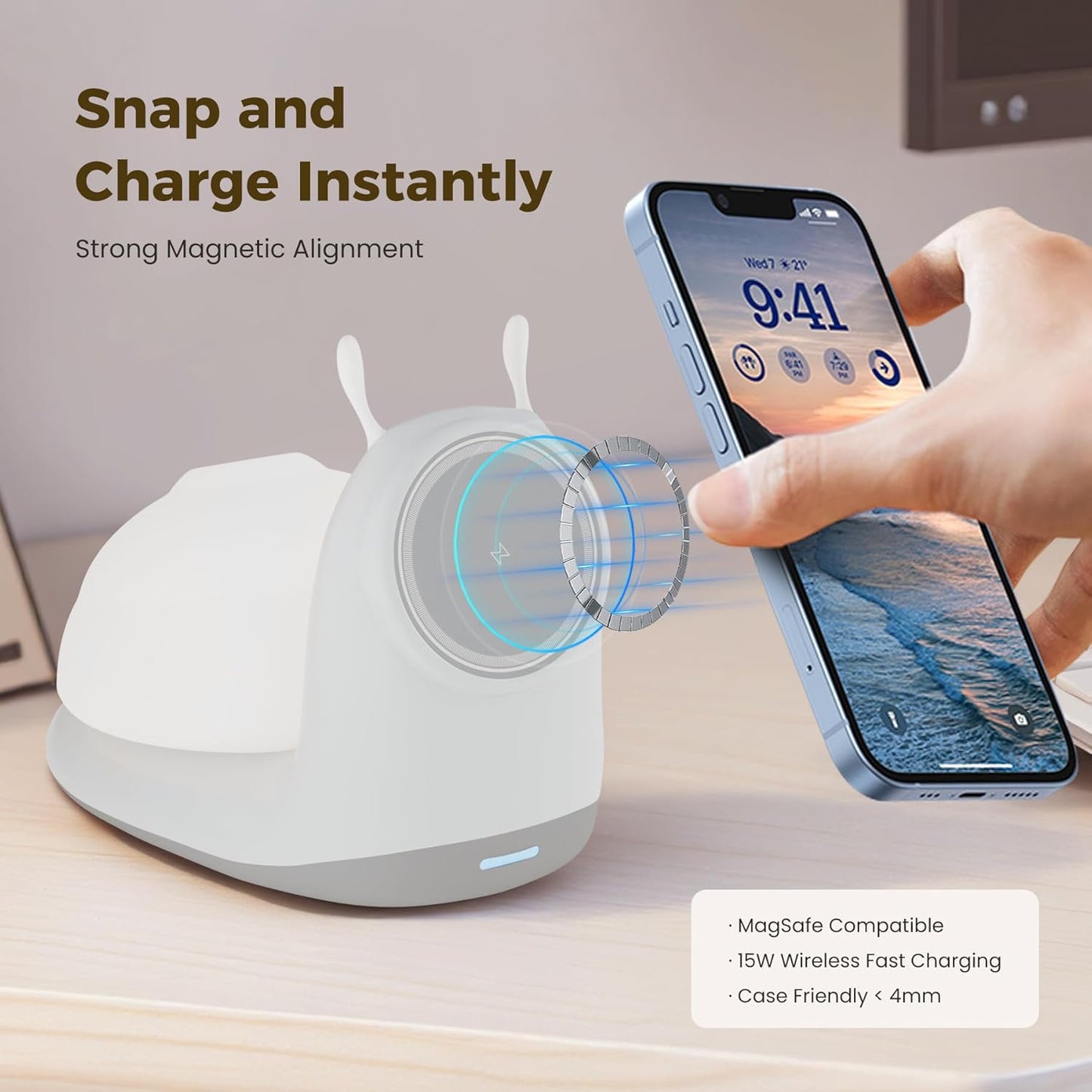 2-in-1 Magnetic Wireless Charger Stand: Cute Snail-Shaped 15W Qi Fast Charging Pad for iPhone 16/15/14/13/12 Pro Max Series & Cordless Tap-to-Light Bedside Night Lamp - (Desktop/Nightstand)