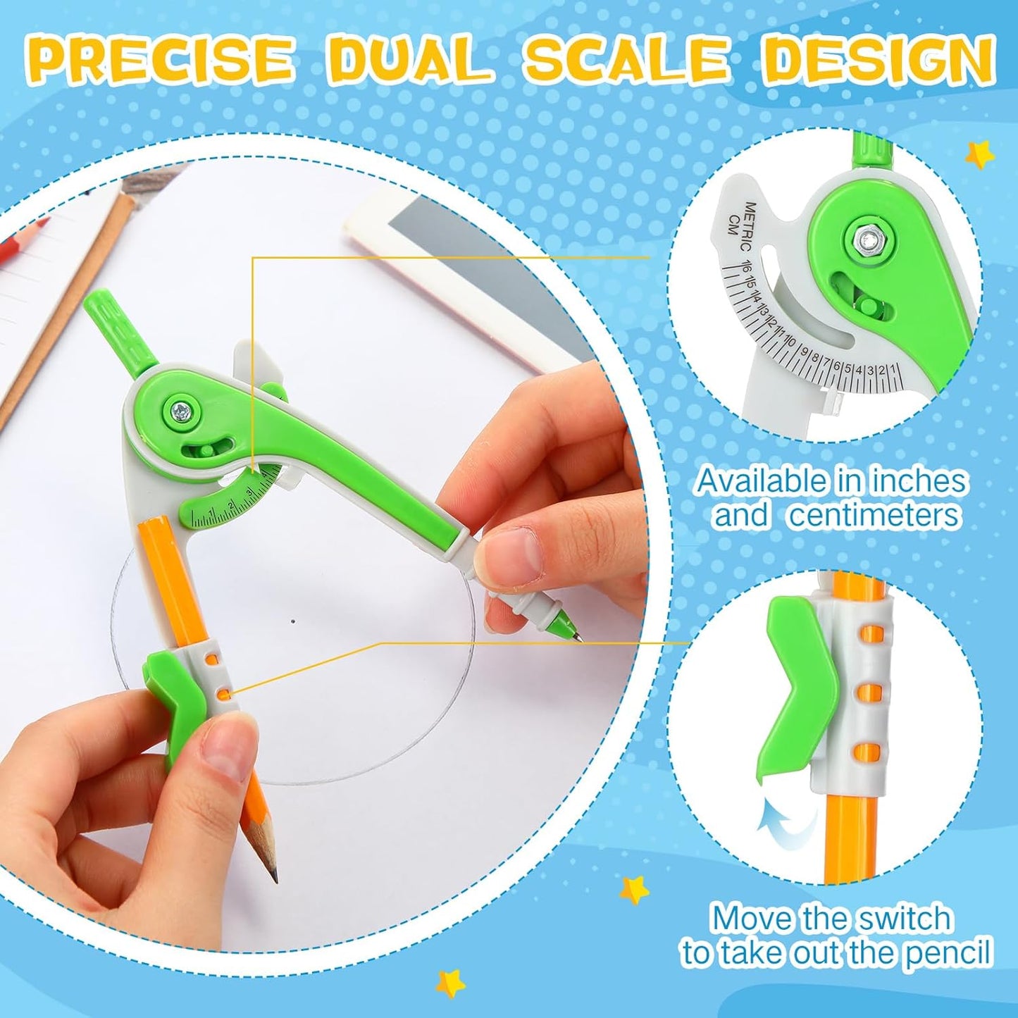 Zonon 15 Pcs Student Math Geometry Compass Tool Classroom Set Bulk 6 Inch Bright Colored Plastic Drawing Compass with Pencils Back to School Supplies for School Home Office