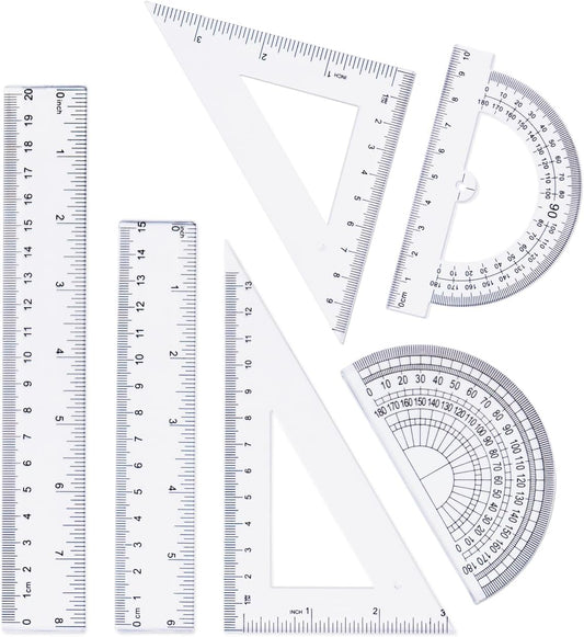 Geometry Set, 6-Piece Clear Plastic Math Ruler, Drafting Ruler Kit Includes Protractor, Triangle Ruler, Straight Ruler-Math Measurement Tools for Students, School and Office Supplies
